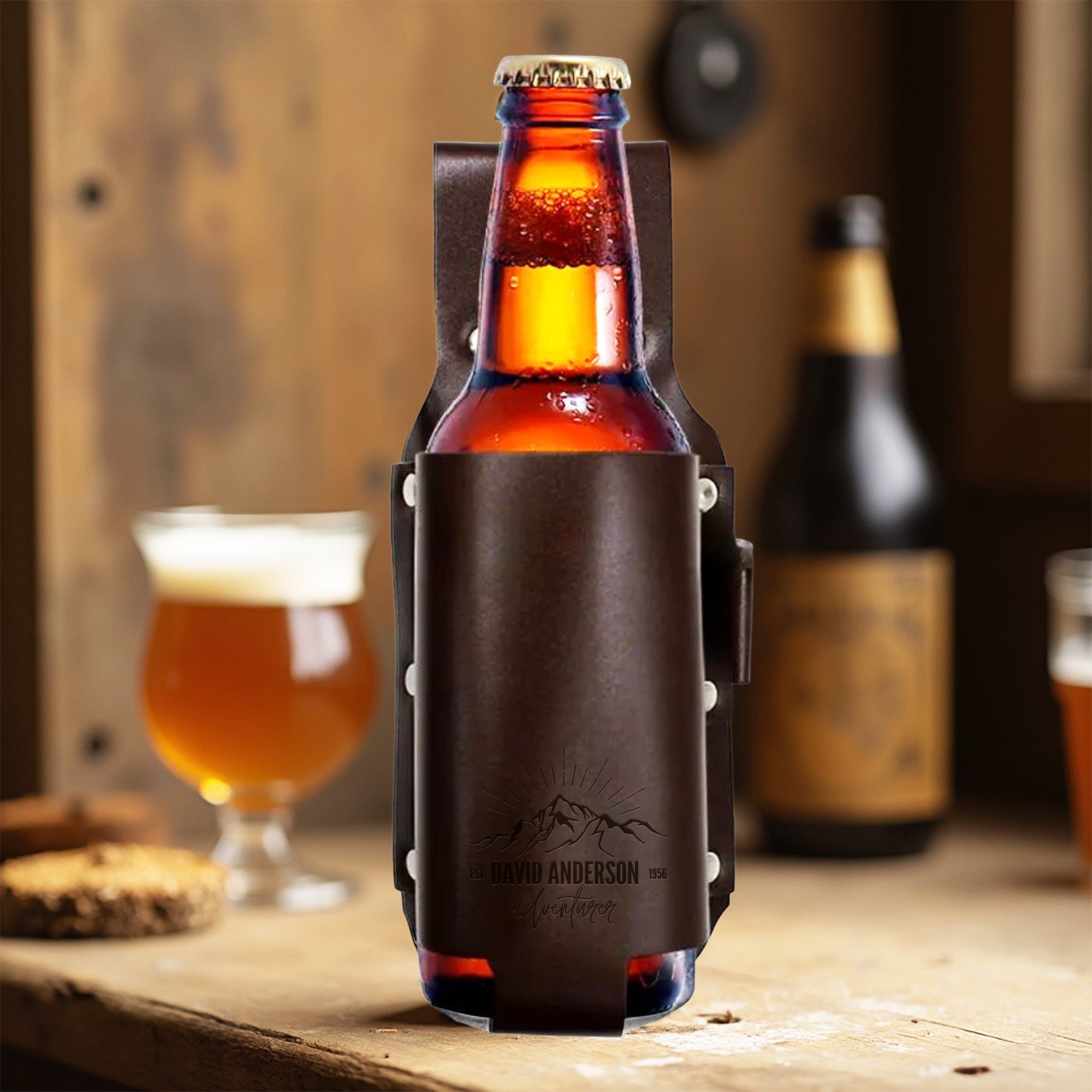 Personalised Leatherette Insulated Beer Stubby Holster, Custom Engraved Name Bottle Cooler Belt Holder, Wedding Groomsmen, Father&#39;s Day Gift