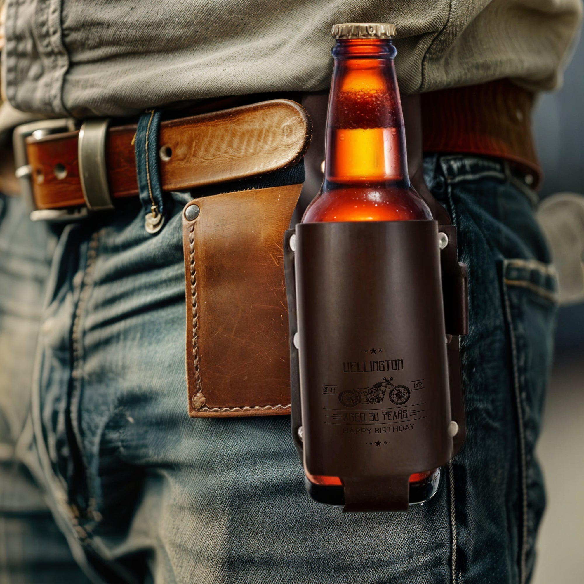 Personalised Leatherette Insulated Beer Stubby Holster, Custom Engraved Name Bottle Cooler Belt Holder, Wedding Groomsmen, Father's Day Gift