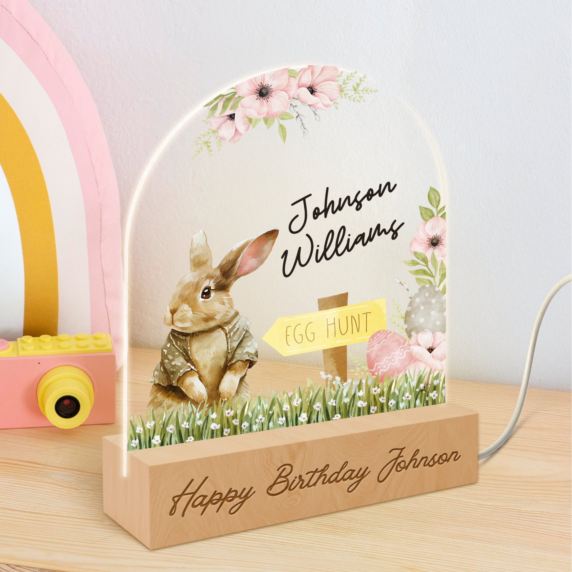 Personalised 3D Bunny Kid LED Night Light, Custom Baby Name &amp; Rabbit Wood Acrylic Print Table Lamp, First Birthday, Nursery, Kid Easter Gift