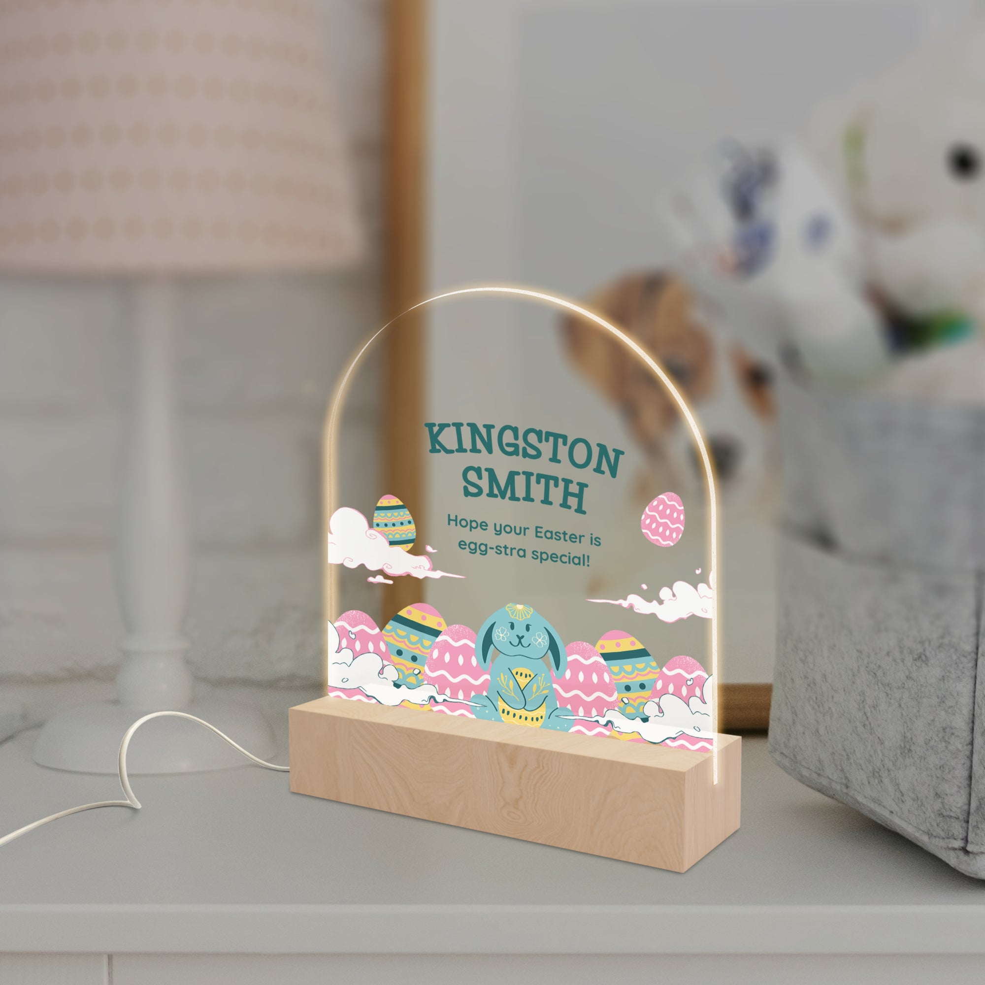 Personalised 3D Bunny Kid LED Night Light, Custom Baby Name &amp; Rabbit Wood Acrylic Print Table Lamp, First Birthday, Nursery, Kid Easter Gift