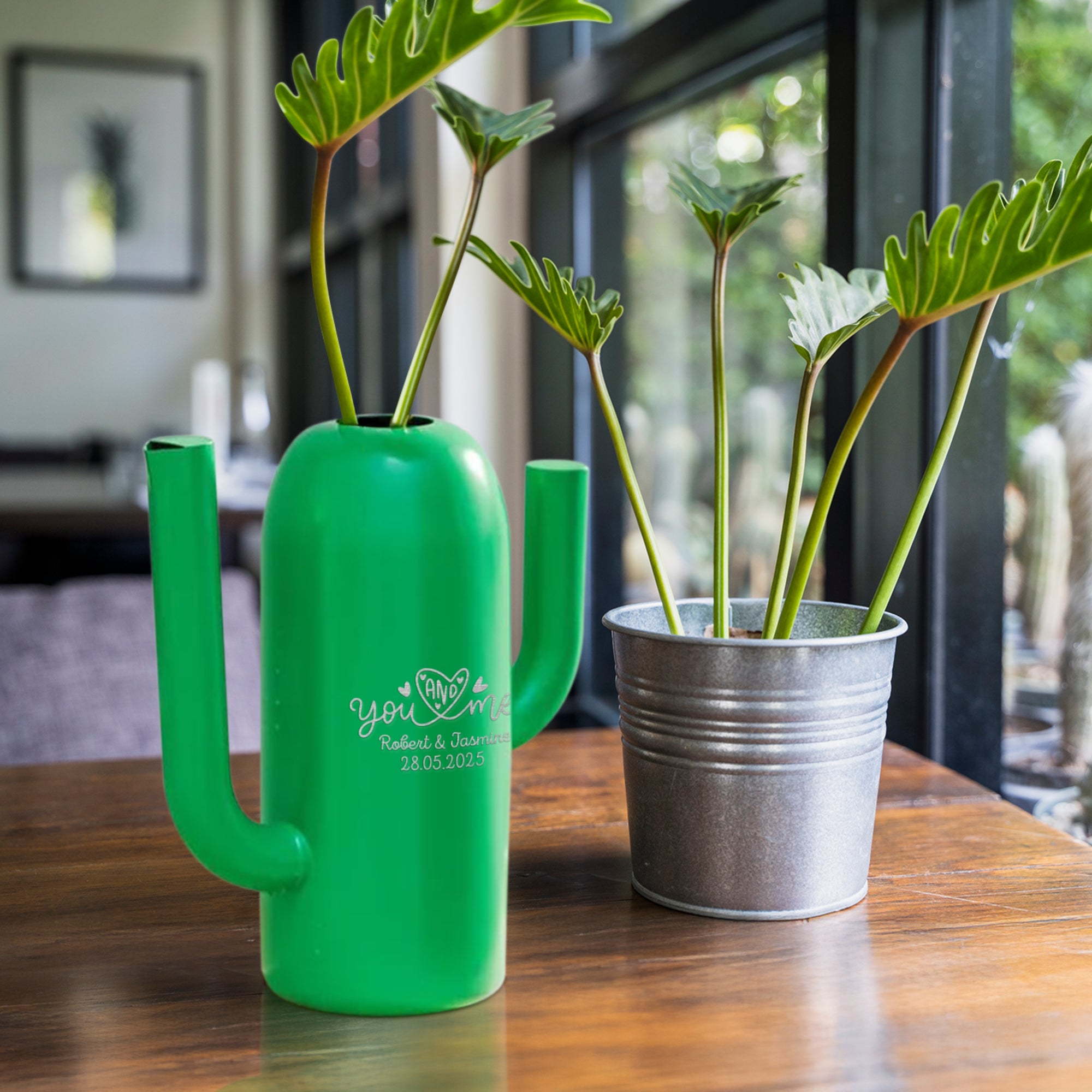Personalised Green Metal Cactus Garden Watering Can, Custom Engraved Flower Plant Tool, Teacher, Housewarming, Birthday, Mom, Dad Xmas Gift