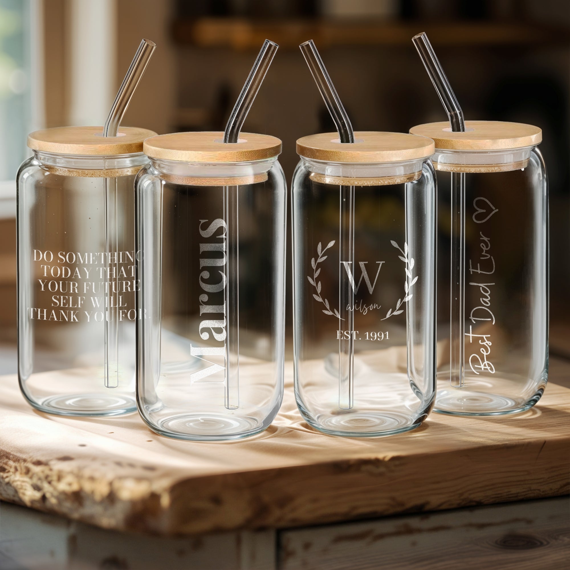 Personalised Can Glass & Lid, Straw Set, Custom Engraved Logo Coffee Tumbler, Etched Travel Tea Cup, Wedding Favours, Bridesmaid, Mom Gift