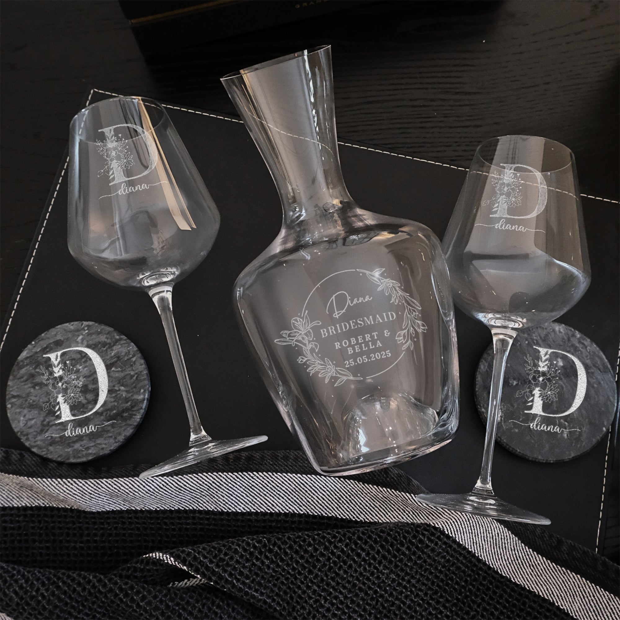 Personalised Carafe & Pair Crystal Wine Glasses Set, Marble Coasters, Custom Etched Glass Barware, Groomsman, Wedding Birthday Corporate Gift