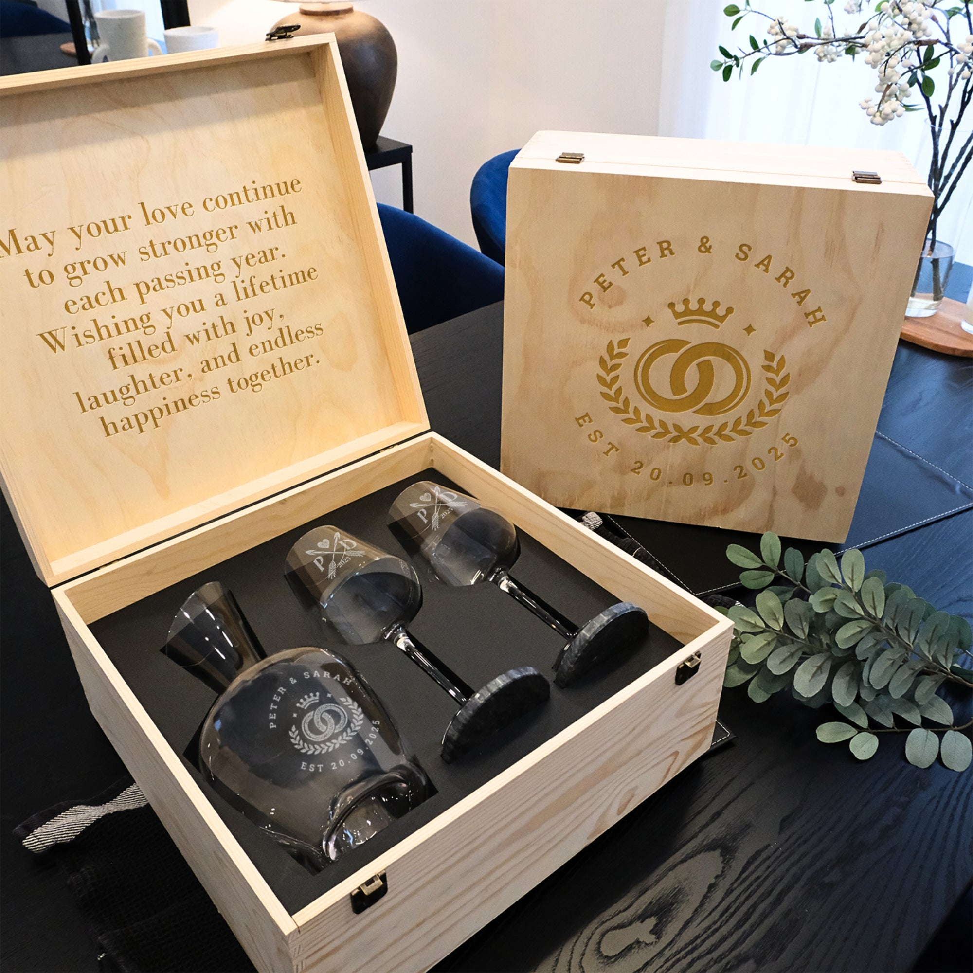 Personalised Carafe & Pair Crystal Wine Glasses Set, Marble Coasters in Custom Etched Wooden Box, Groomsman, Wedding Birthday Corporate Gift