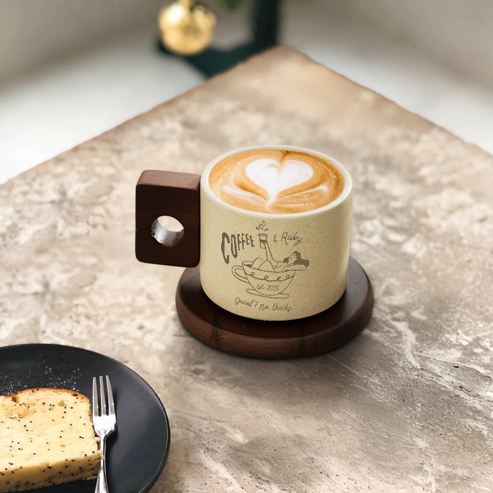 Personalised Ceramic Coffee Tea Mug &amp; Acacia Coaster Set , Custom Engraved Tea Cup, Wedding Favour, Mother Dad Birthday, Xmas Corporate Gift