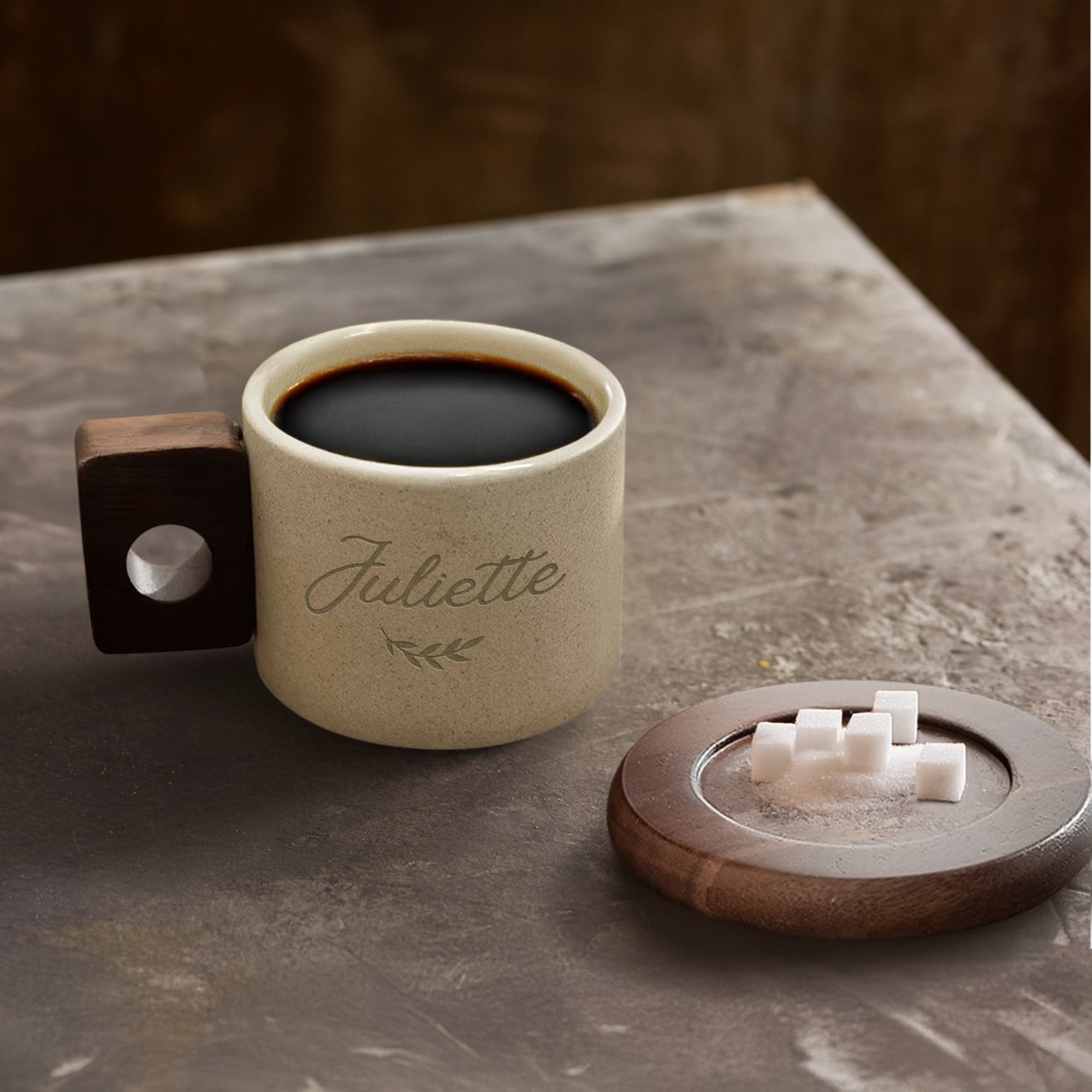 Personalised Ceramic Coffee Tea Mug &amp; Acacia Coaster Set , Custom Engraved Tea Cup, Wedding Favour, Mother Dad Birthday, Xmas Corporate Gift