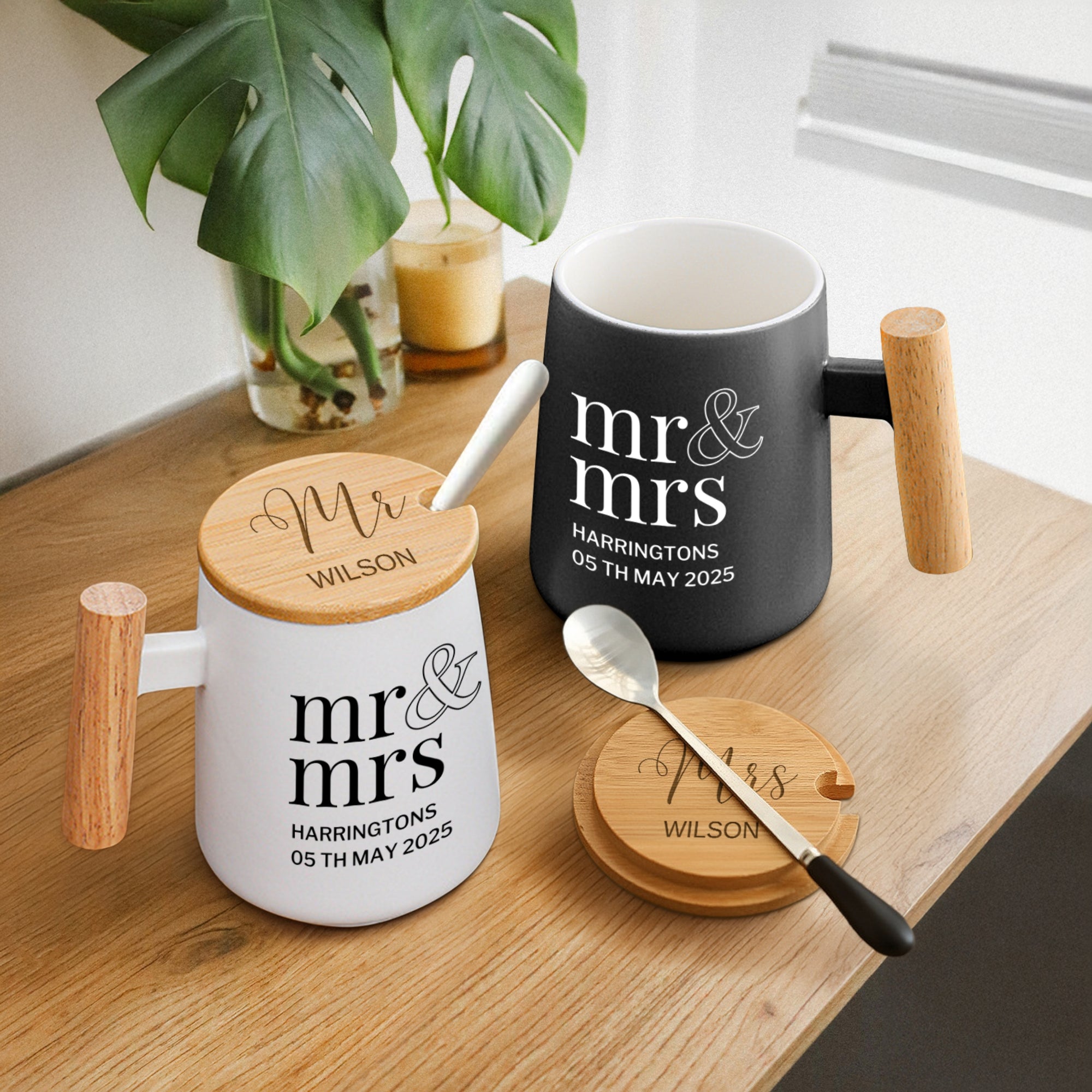 Personalised Ceramic Coffee Tea Mug & Wood Lid, Spoon Set | Custom Engraved Tea Cup, Wedding Favour Mother Dad Birthday, Xmas Corporate Gift