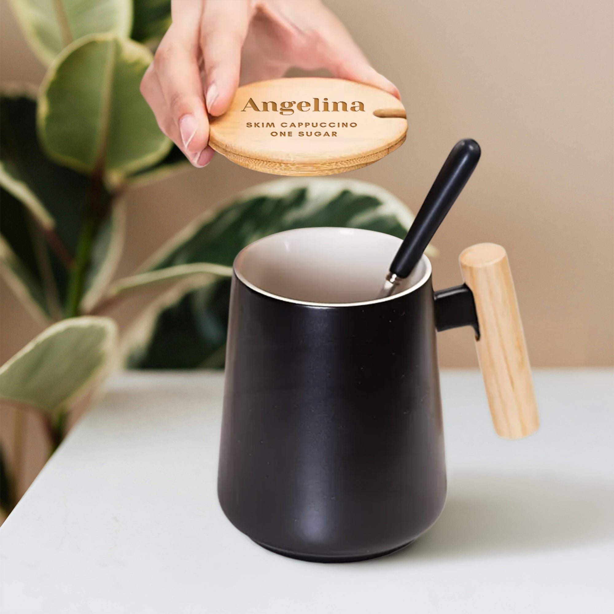 Personalised Ceramic Coffee Tea Mug &amp; Wood Lid, Spoon Set | Custom Engraved Tea Cup, Wedding Favour Mother Dad Birthday, Xmas Corporate Gift