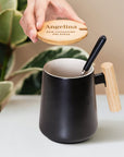 Personalised Ceramic Coffee Tea Mug & Wood Lid, Spoon Set | Custom Engraved Tea Cup, Wedding Favour Mother Dad Birthday, Xmas Corporate Gift