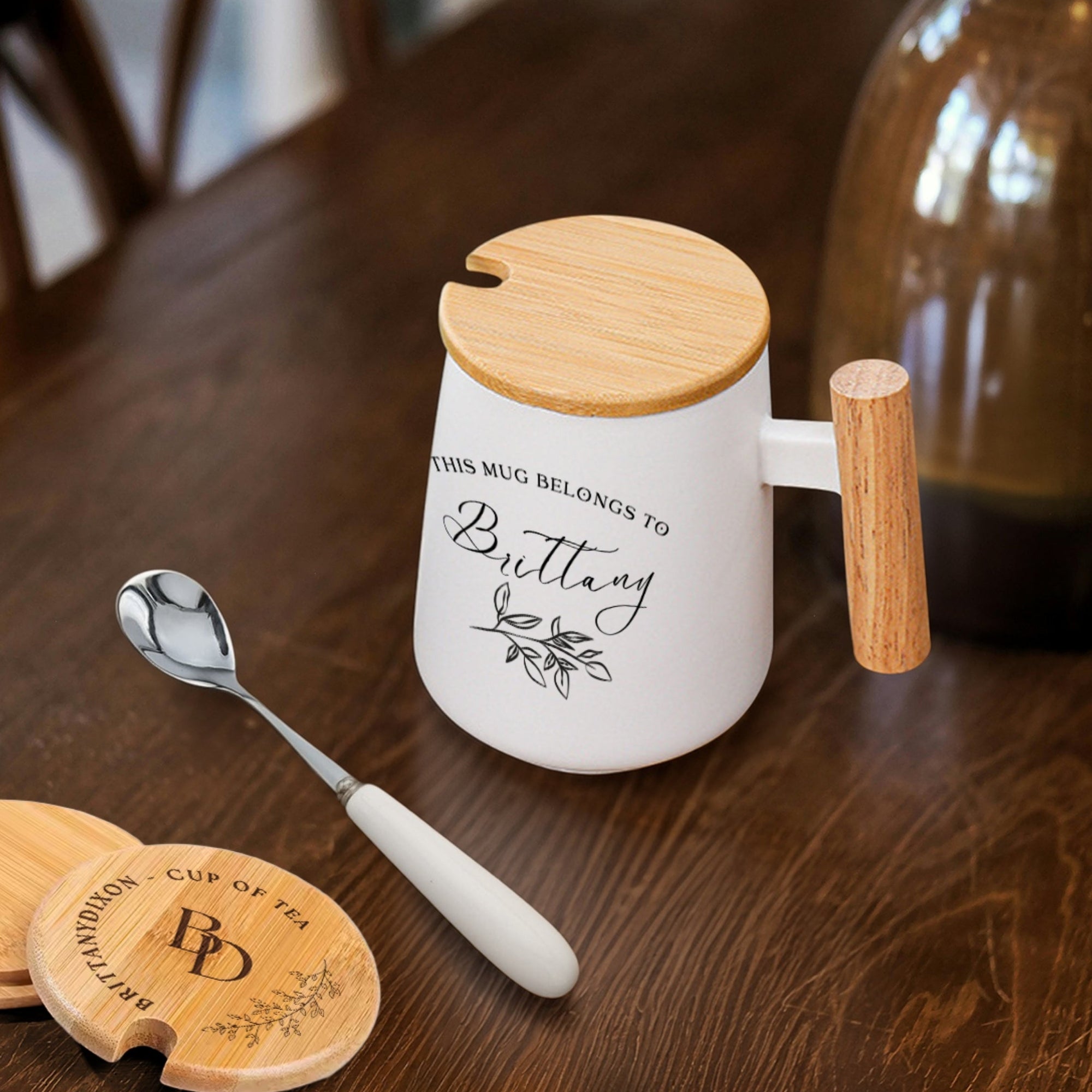 Personalised Ceramic Coffee Tea Mug & Wood Lid, Spoon Set | Custom Engraved Tea Cup, Wedding Favour Mother Dad Birthday, Xmas Corporate Gift