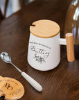 Personalised Ceramic Coffee Tea Mug & Wood Lid, Spoon Set | Custom Engraved Tea Cup, Wedding Favour Mother Dad Birthday, Xmas Corporate Gift