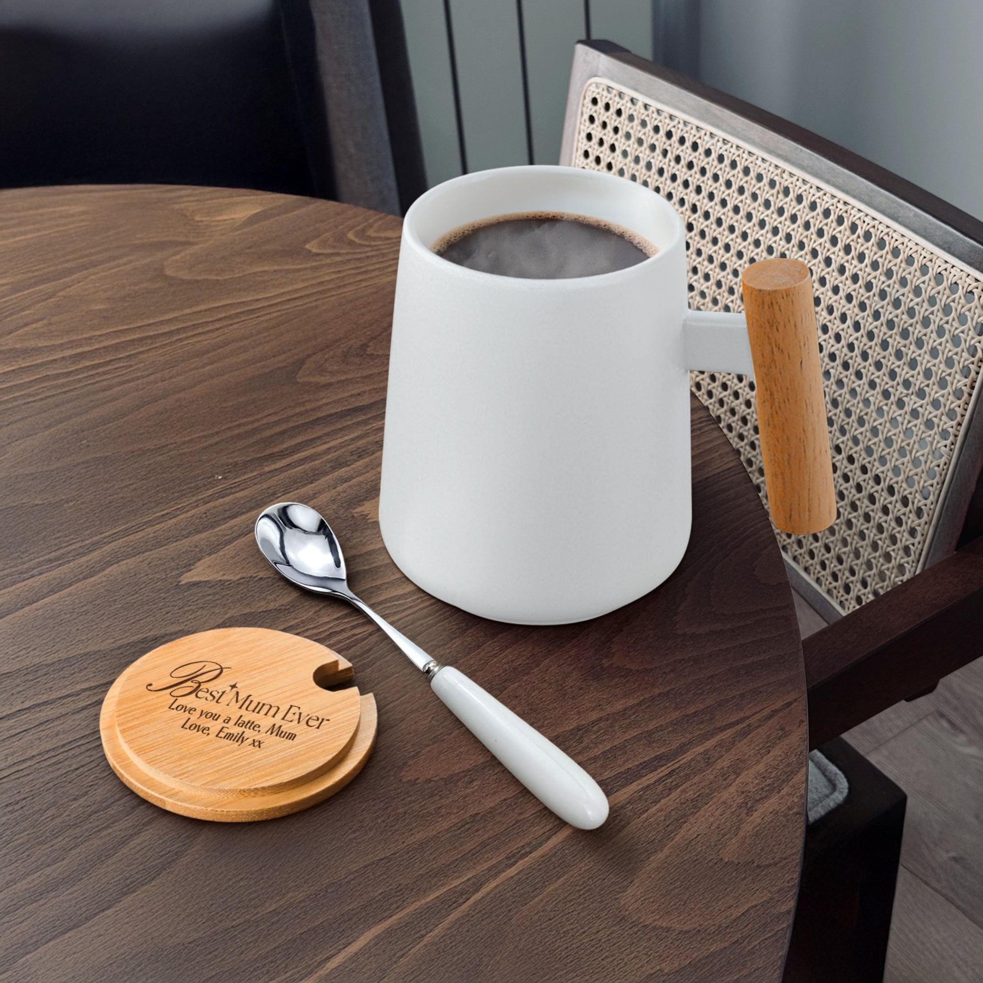 Personalised Ceramic Coffee Tea Mug &amp; Wood Lid, Spoon Set | Custom Engraved Tea Cup, Wedding Favour Mother Dad Birthday, Xmas Corporate Gift