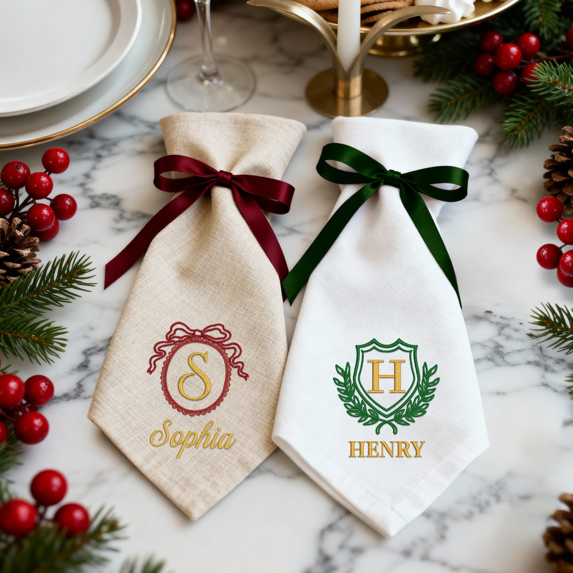 Personalised Christmas Linen Napkin, Custom Embroidered Holiday Dinner Towel, Festive Name Place Setting, Xmas Table Decor, Family Host Gift