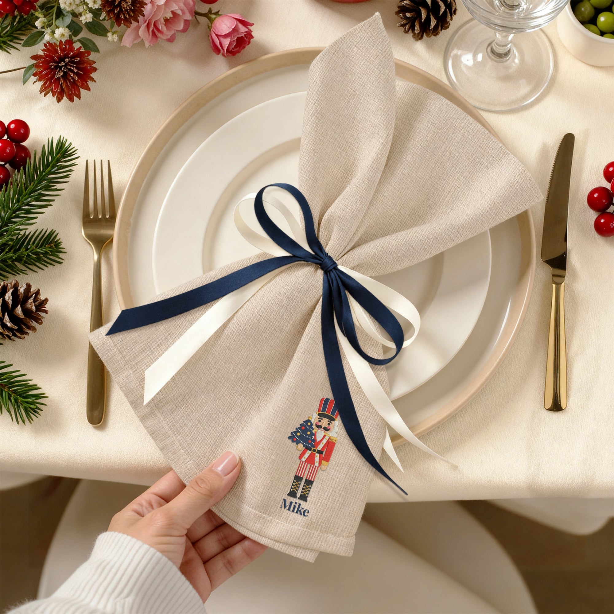 Personalised Christmas Linen Napkin, Custom Embroidered Holiday Dinner Towel, Festive Name Place Setting, Xmas Table Decor, Family Host Gift