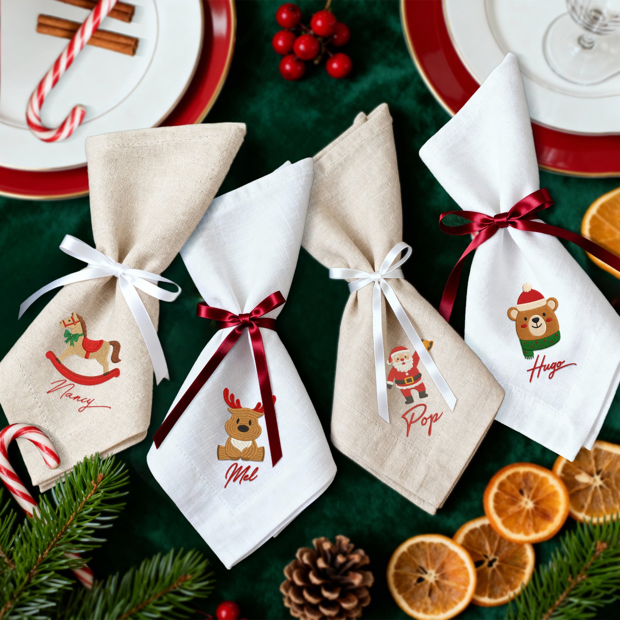 Personalised Christmas Linen Napkin, Custom Embroidered Holiday Dinner Towel, Festive Name Place Setting, Xmas Table Decor, Family Host Gift