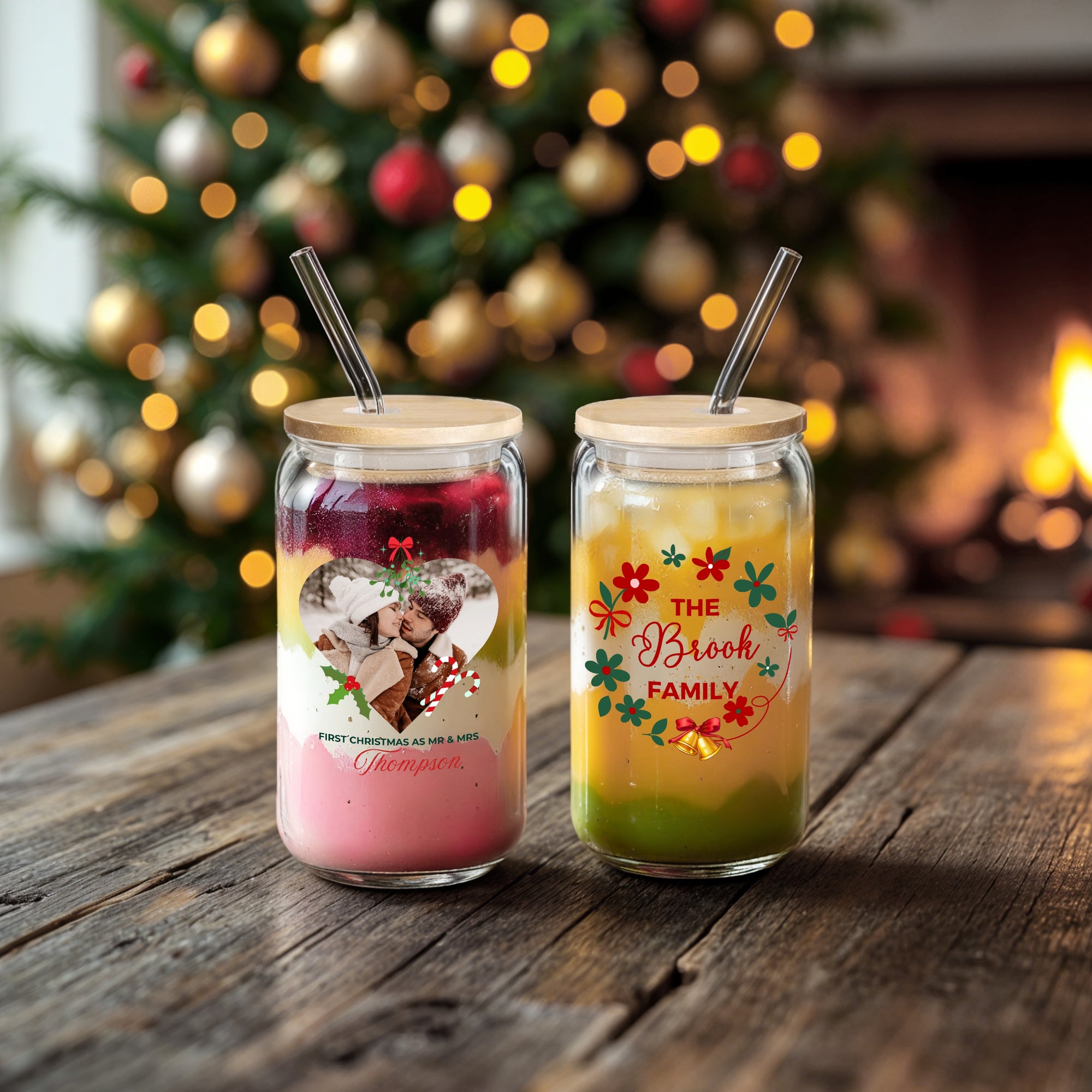 Personalised 470ml Christmas Photo Can Glass Set with Lid Straw, Customised Beverage Tumbler Coffee Cup Logo Corporate Gift Xmas Party Decor