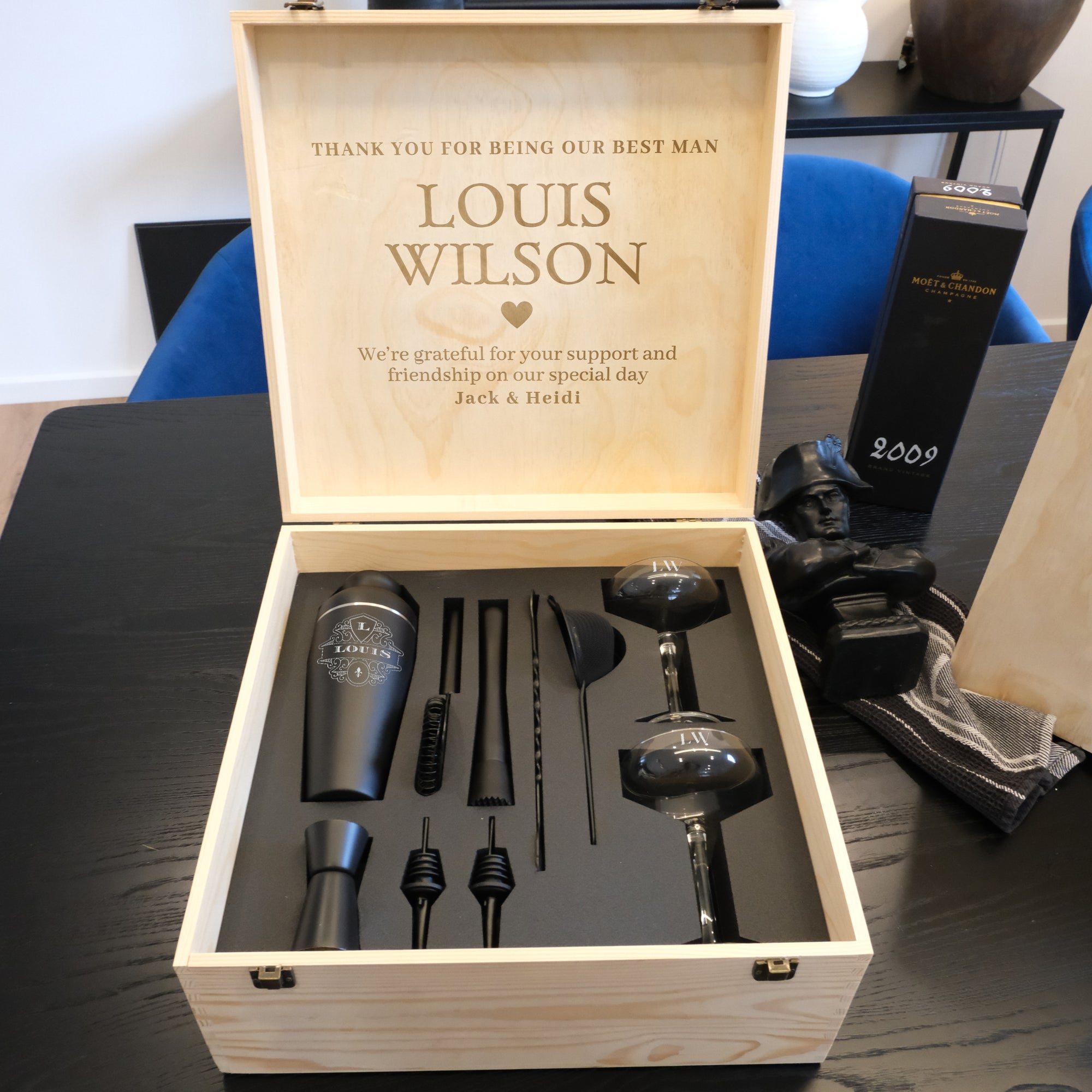 Personalised Cocktail Shaker Set of 9, Champagne Coupe Glasses Pair &amp; Custom Engraved Wooden Box, Groomsman Wedding, Birthday Corporate Gift