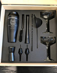 Personalised Cocktail Shaker Set of 9, Champagne Coupe Glasses Pair & Custom Engraved Wooden Box, Groomsman Wedding, Birthday Corporate Gift