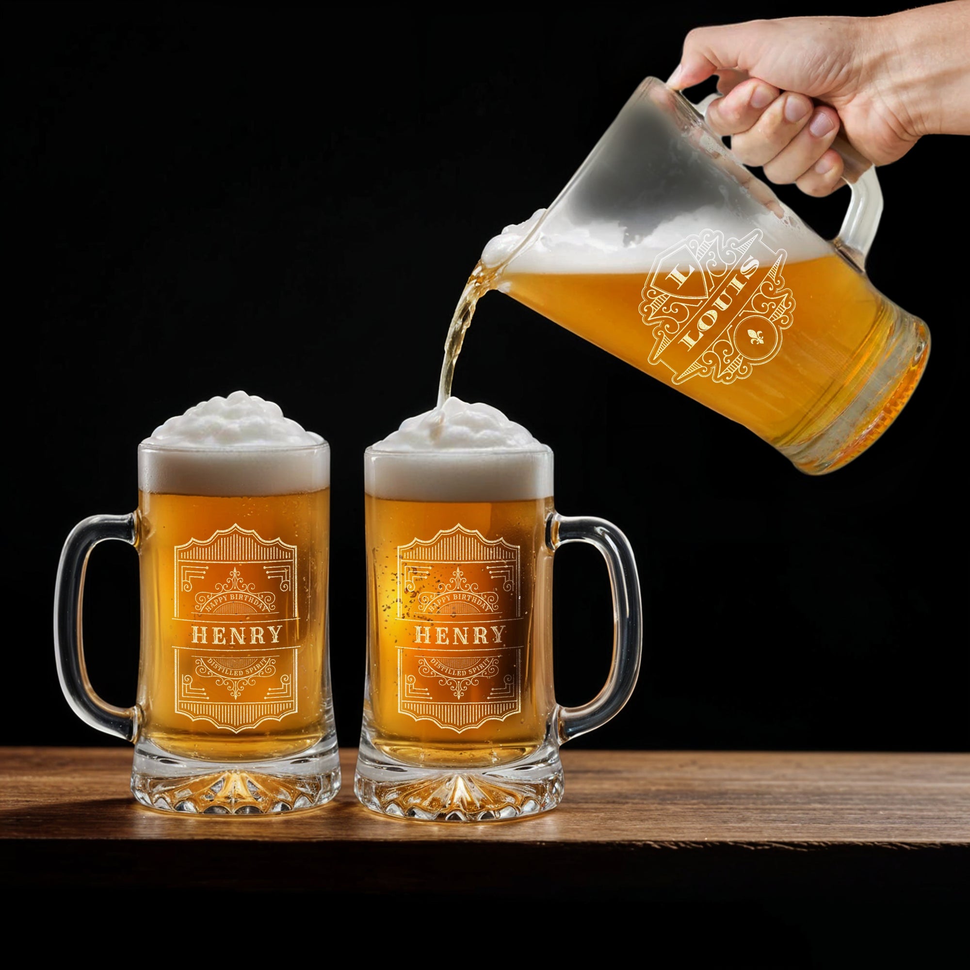 Personalised Crystal Glass Beer Jug Set with 2 Italia Mugs & Coasters in Custom Engraved Logo Wooden Box, Groomsman, Wedding, Corporate Gift