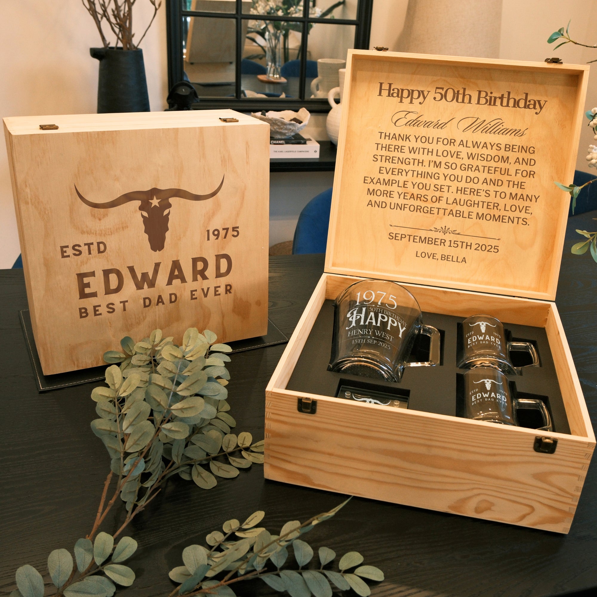 Personalised Crystal Glass Beer Jug Set with 2 Italia Mugs & Coasters in Custom Engraved Logo Wooden Box, Groomsman, Wedding, Corporate Gift