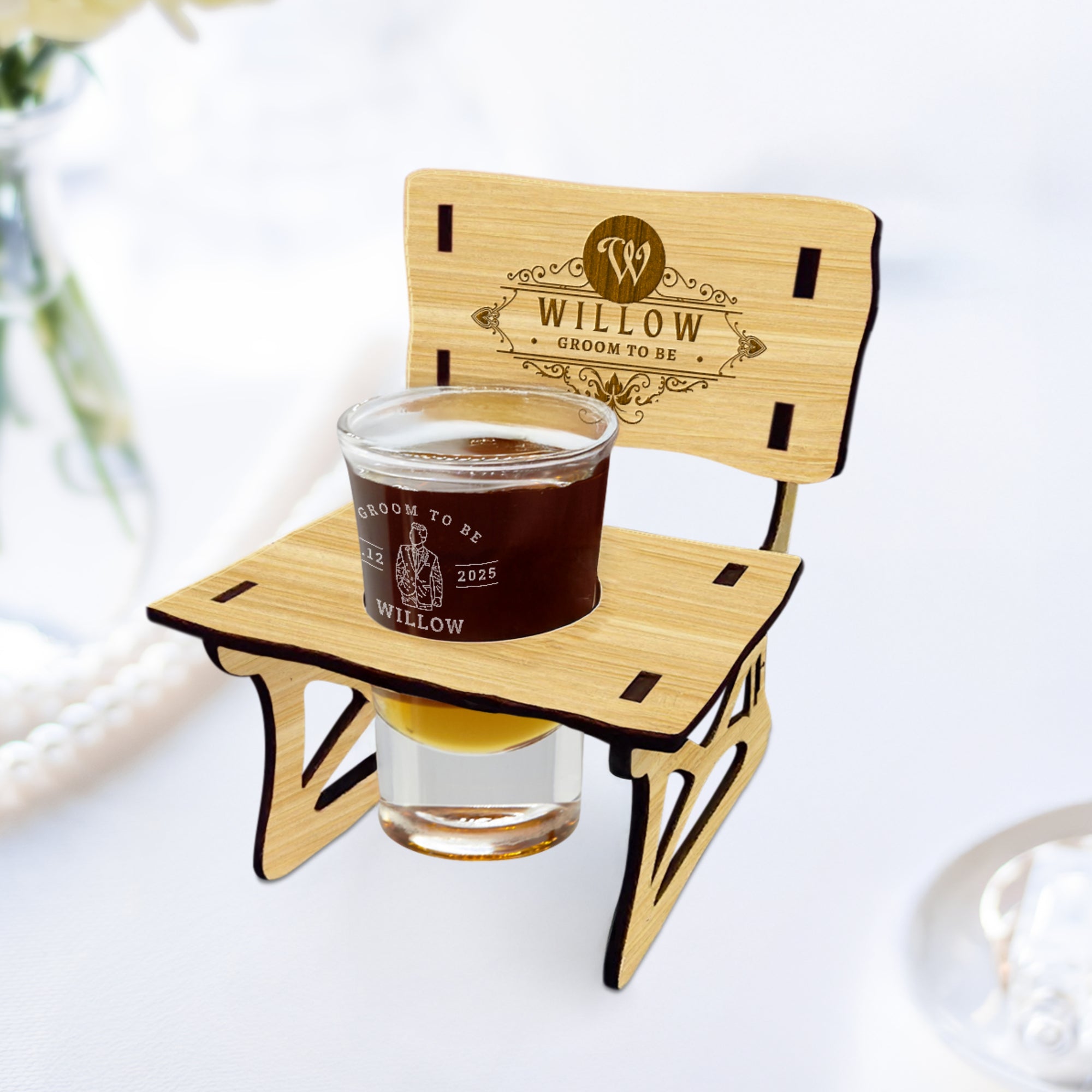 Personalised Crystal Shot Glass &amp; Custom Engraved Wood Bench Chair Holder Set, Bridesmaid, Groomsman, Birthday, Wedding, Xmas Corporate Gift