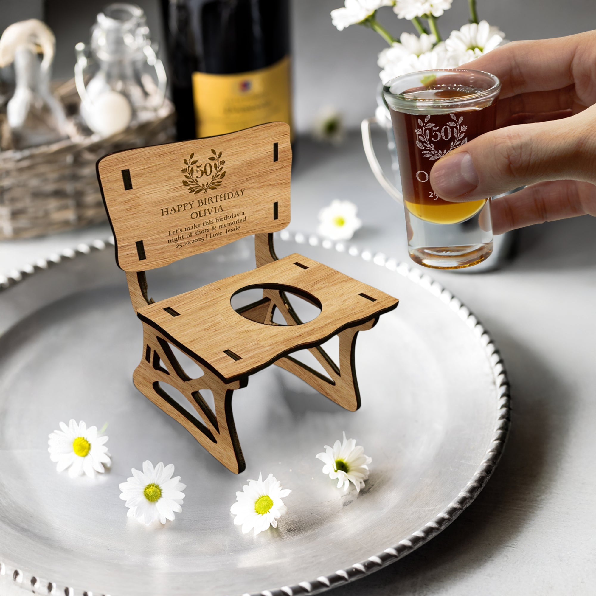 Personalised Crystal Shot Glass & Custom Engraved Wood Bench Chair Holder Set, Bridesmaid, Groomsman, Birthday, Wedding, Xmas Corporate Gift