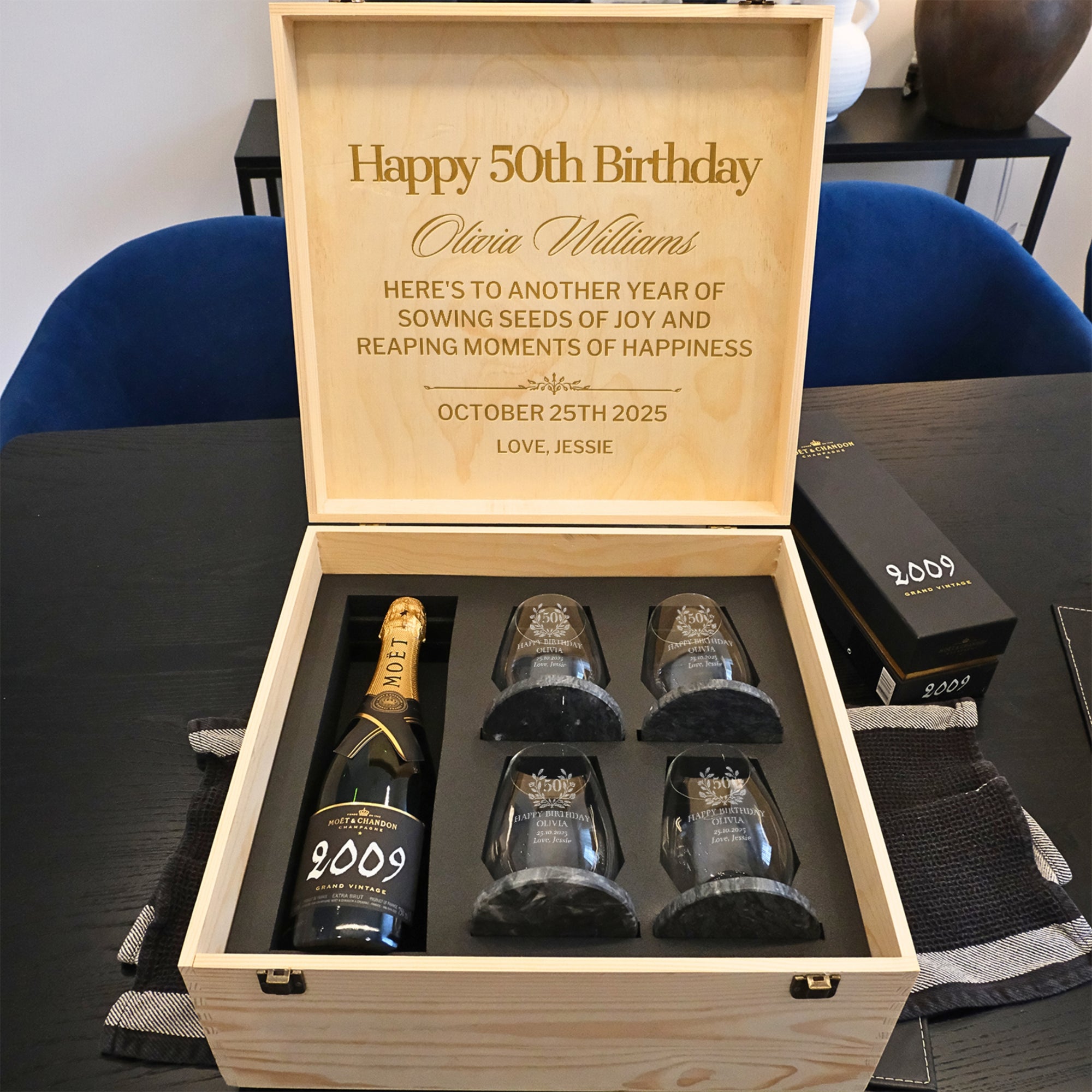 Personalised 4 Crystal Wine Glasses, Marble Coasters in Custom Etched Wooden Box, Bridesmaid Wedding, Birthday Housewarming Anniversary Gift