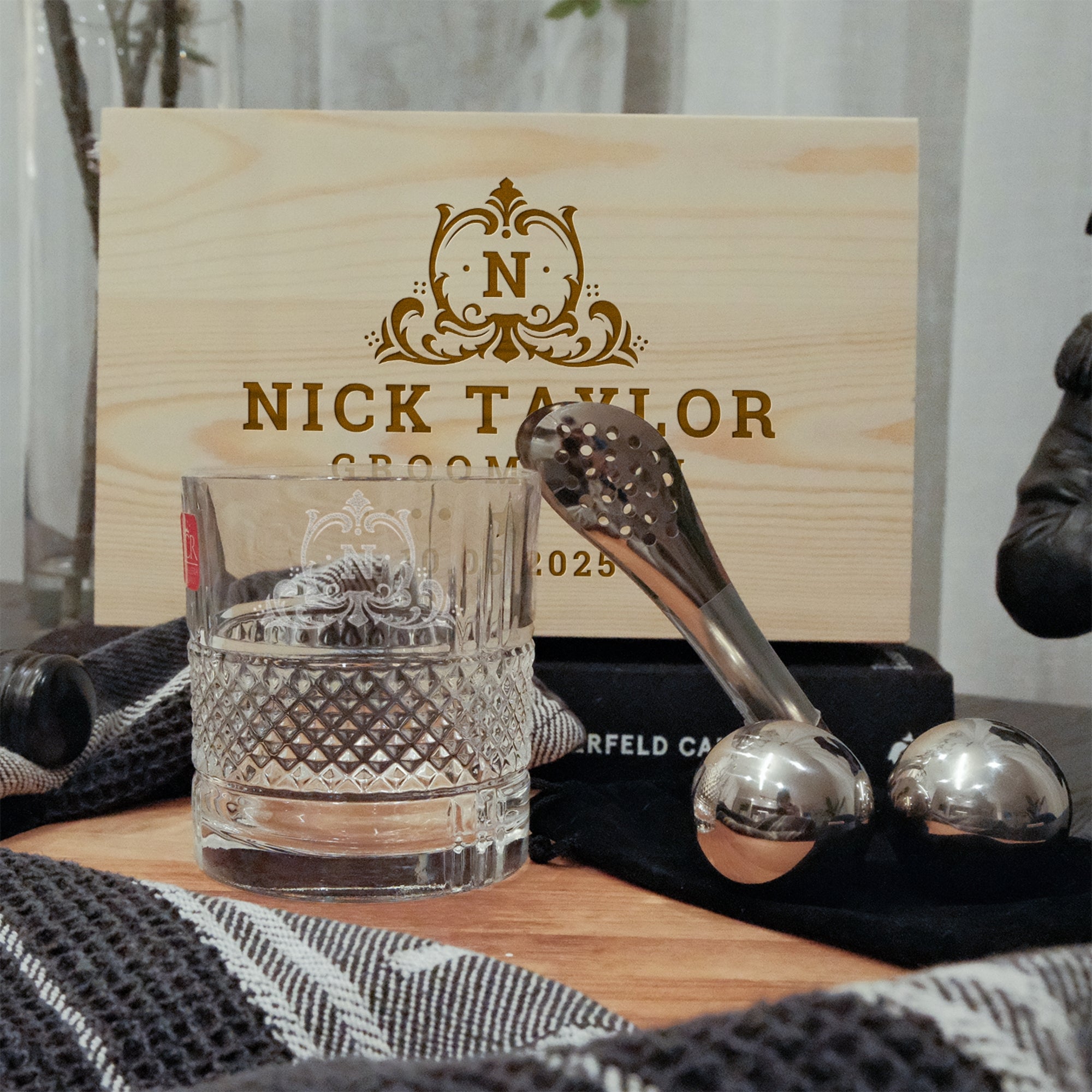 Personalised Deluxe Diamond Italian Crystal Whiskey Glass, 2 Chilling Balls, Tongs, Pouch & Engraved Wooden Box, Groomsman Barware Gift Set