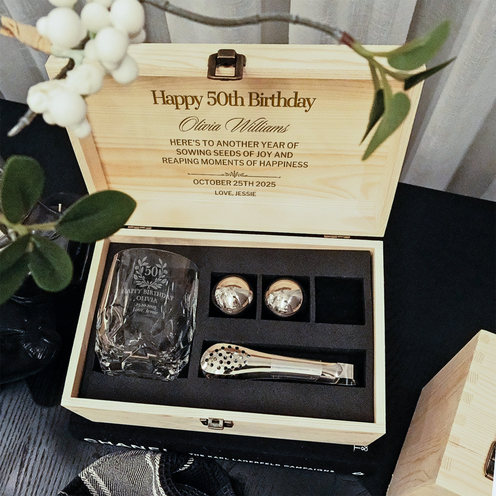 Personalised Deluxe Faceted Italian Crystal Whiskey Glass, 2 Chilling Balls, Tongs, Pouch & Engraved Wooden Box, Groomsman Barware Gift Set