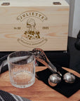 Personalised Deluxe Timeless Italian Crystal Whiskey Glass, 2 Chilling Balls, Tongs, Pouch & Engraved Wooden Box, Groomsman Barware Gift Set