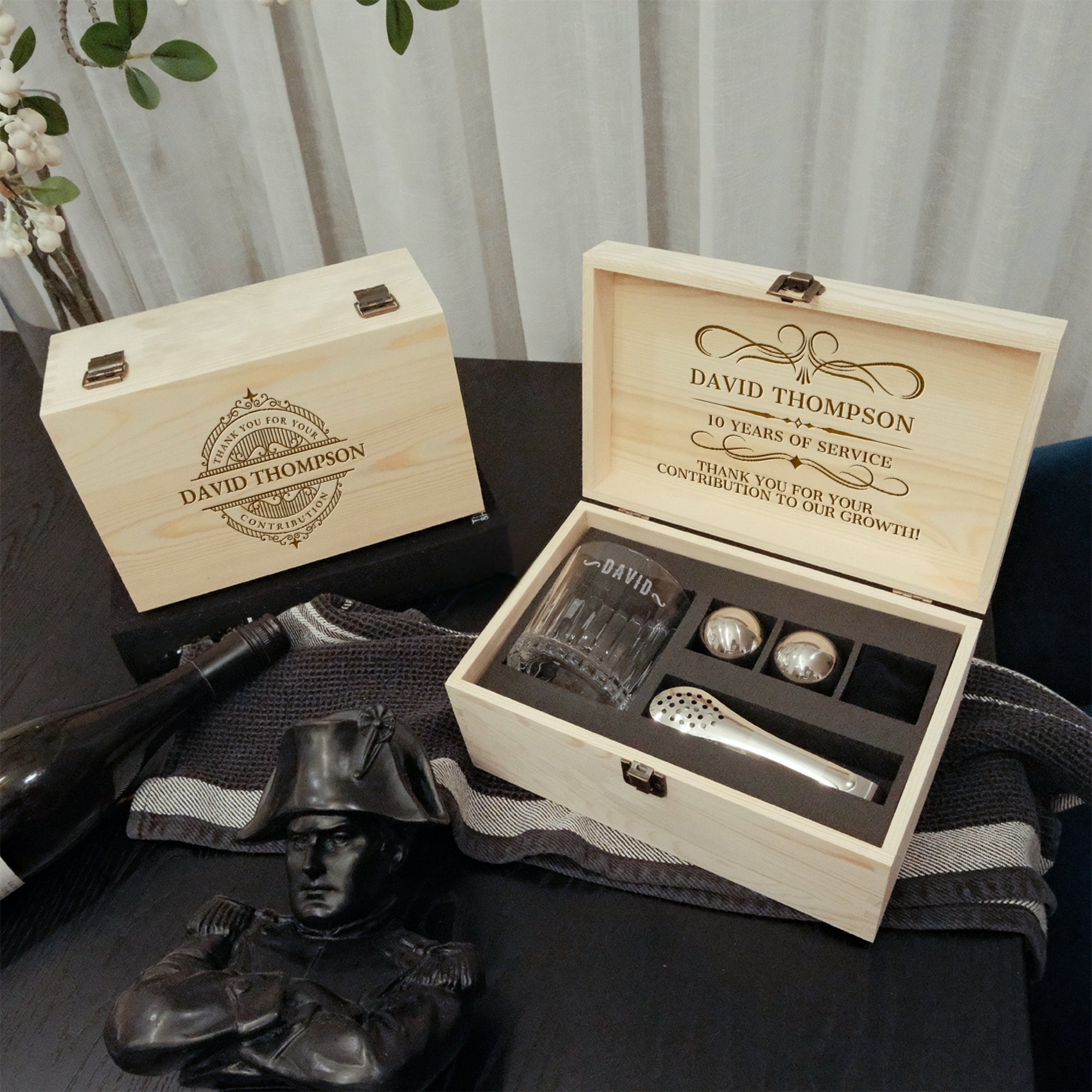 Personalised Deluxe Timeless Italian Crystal Whiskey Glass, 2 Chilling Balls, Tongs, Pouch &amp; Engraved Wooden Box, Groomsman Barware Gift Set