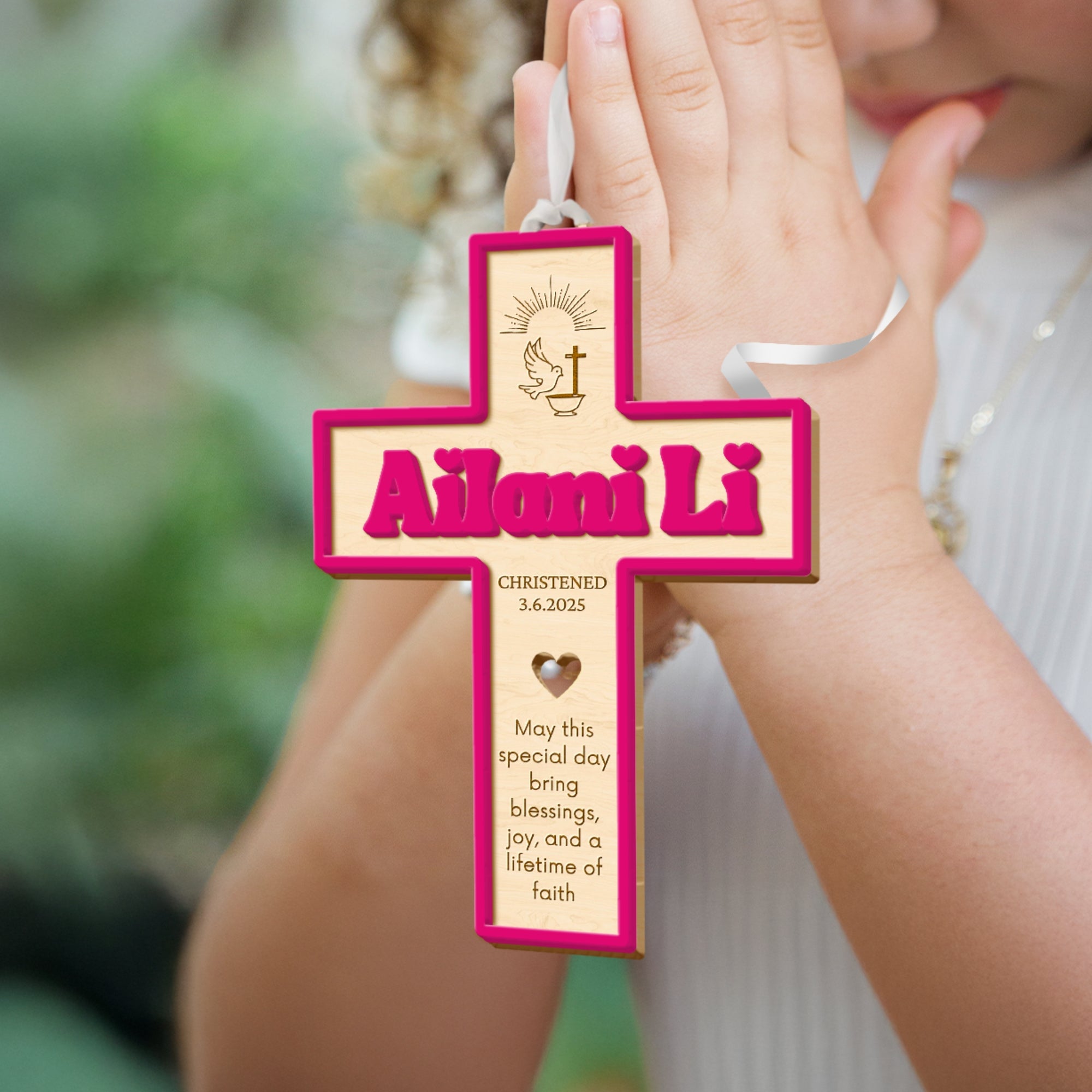 Personalised Double Layers 3D Acrylic & Wooden Christening Cross, Custom Religious Name Sign Baptism Newborn Birthday, Wedding Memorial Gift