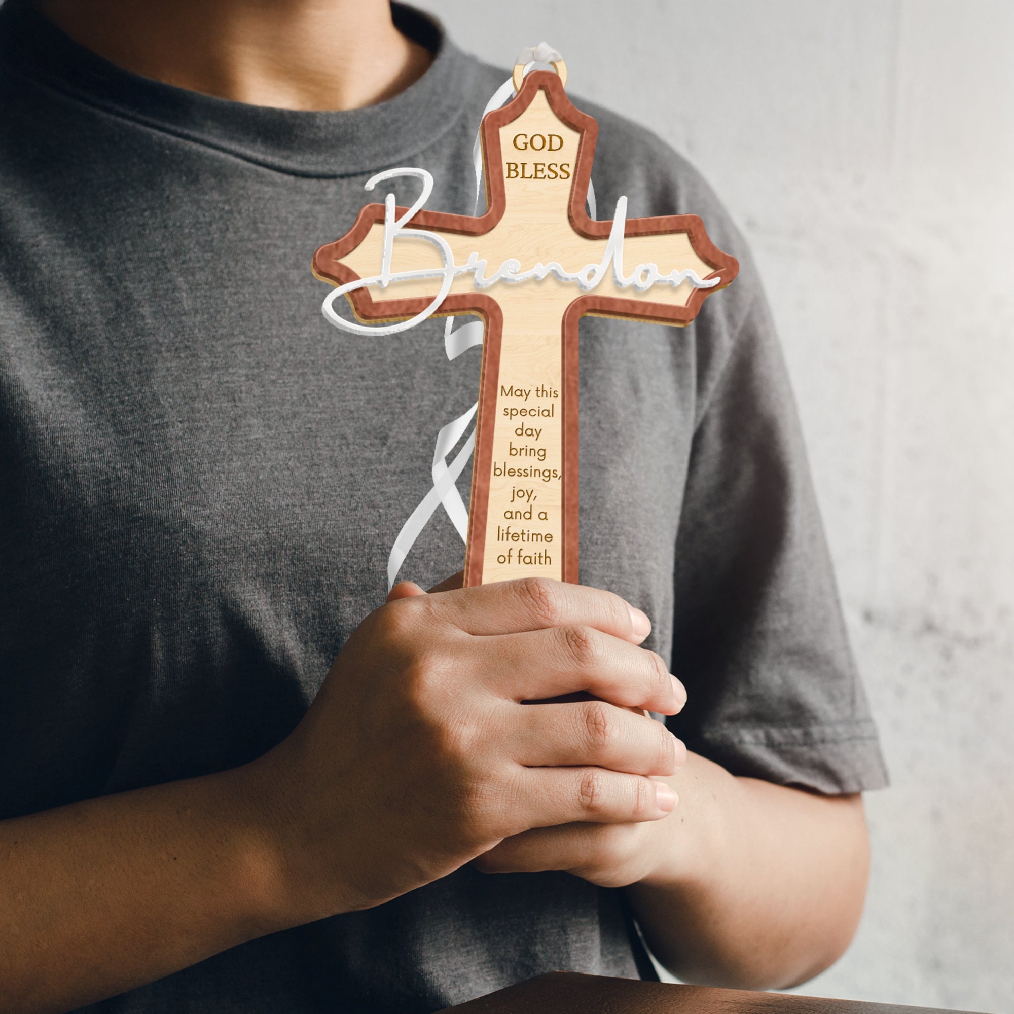 Personalised Double Layers 3D Acrylic & Wooden Christening Cross, Custom Religious Name Sign Baptism Newborn Birthday, Wedding Memorial Gift