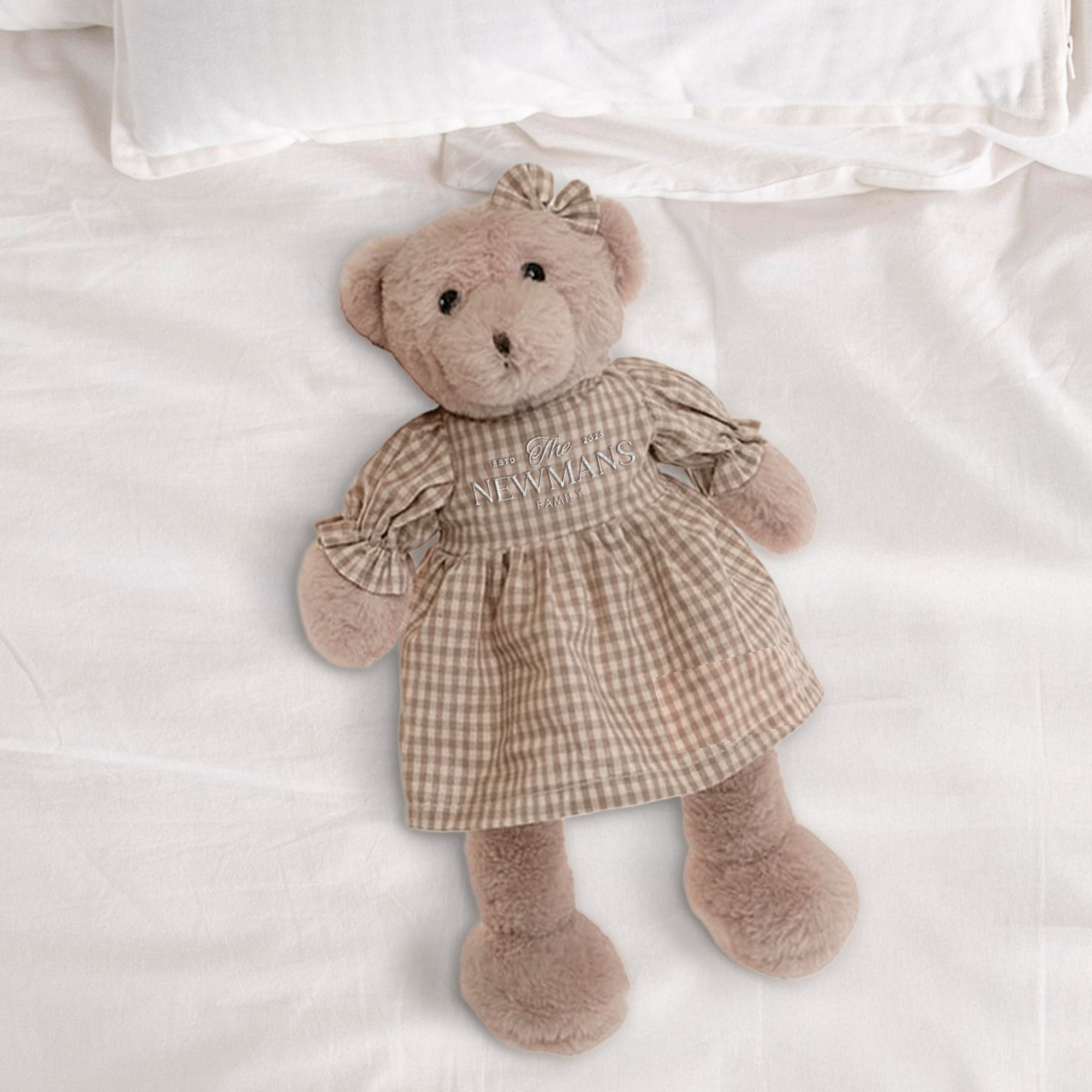 Personalised Embroidery Teddy Bear in Dress, Custom Embroidered Snuggle Plush Toy, Baby Shower Birthday, Mum Daughter Sisters Keepsake Gift
