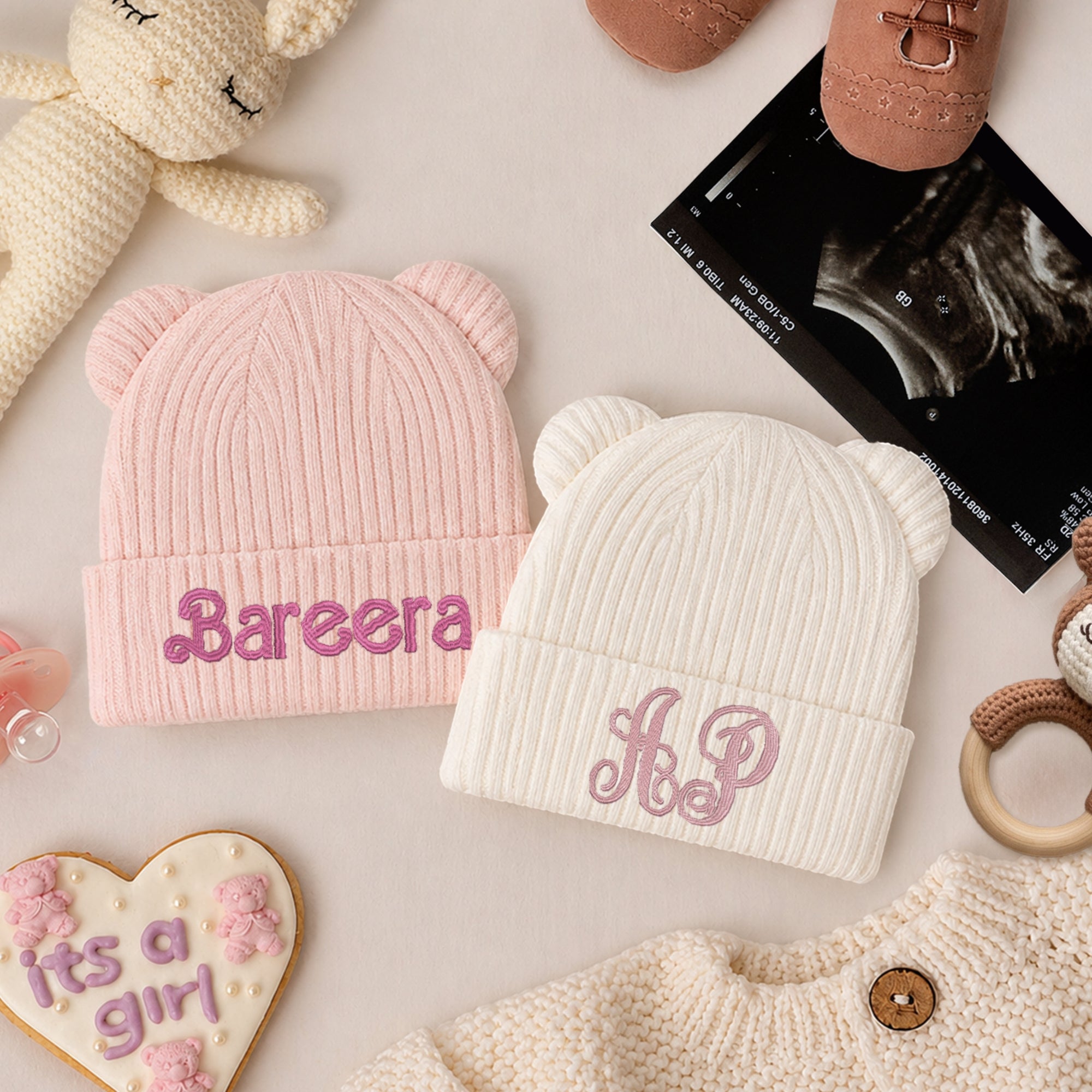 Personalised Embroidery Baby Knitted Bear Ears Beanie, Custom Name Newborn Toddler Winter Hat, Kid, Infant Birthday Shower, Christening Gift