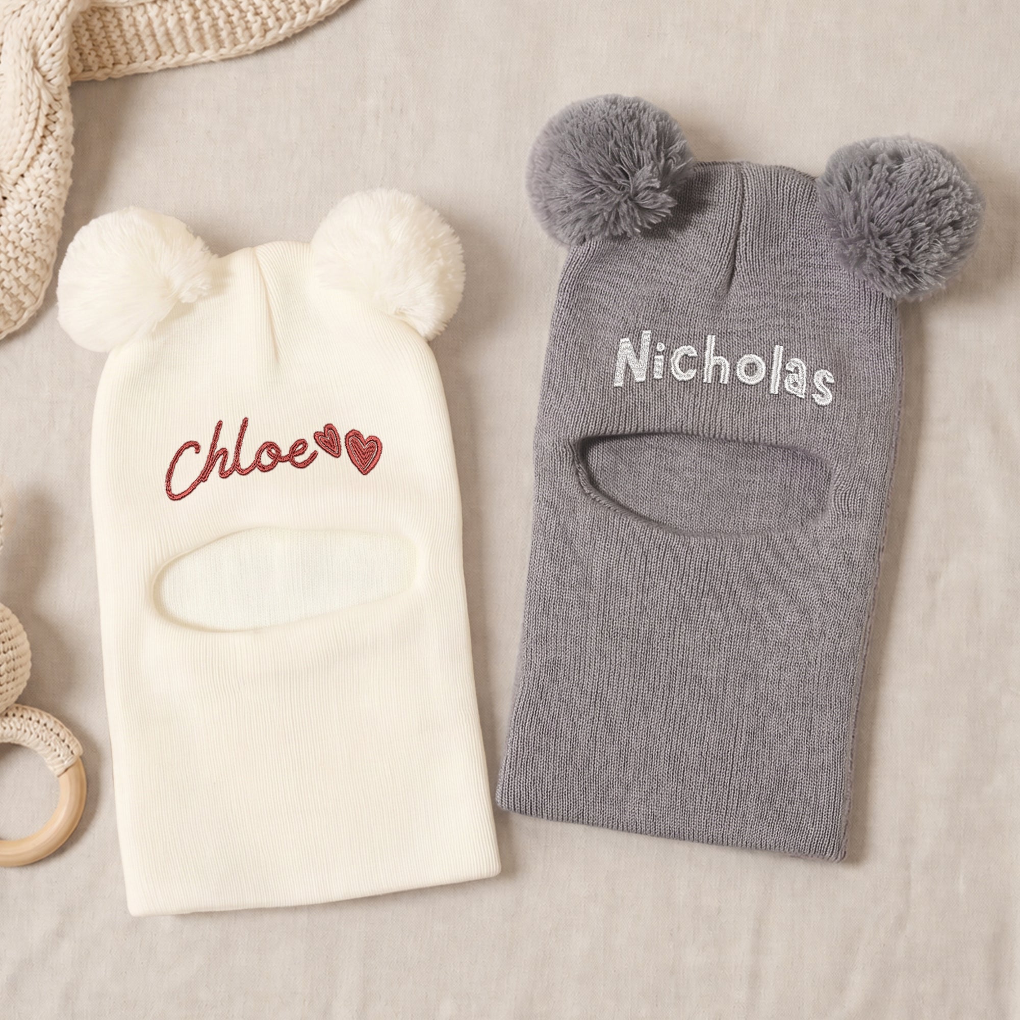 Personalised Embroidery Baby Pom Pom Ear Knitted Beanie &amp; Neck Warmer, Custom Name Newborn Winter Hat, Kid Infant Birthday, Christening Gift