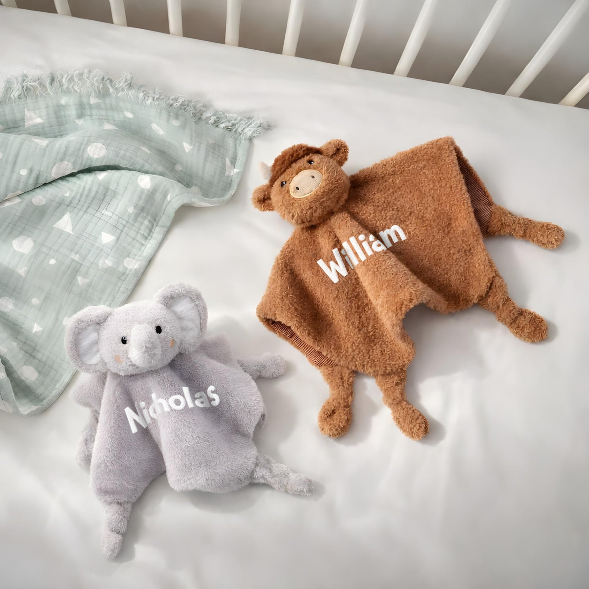 Personalised Embroidery Fleece Elephant/ Cow Comforter, Custom Baby Name Sleep Snuggle Kid Soft Toy Blanket, Newborn Birthday Shower Gift