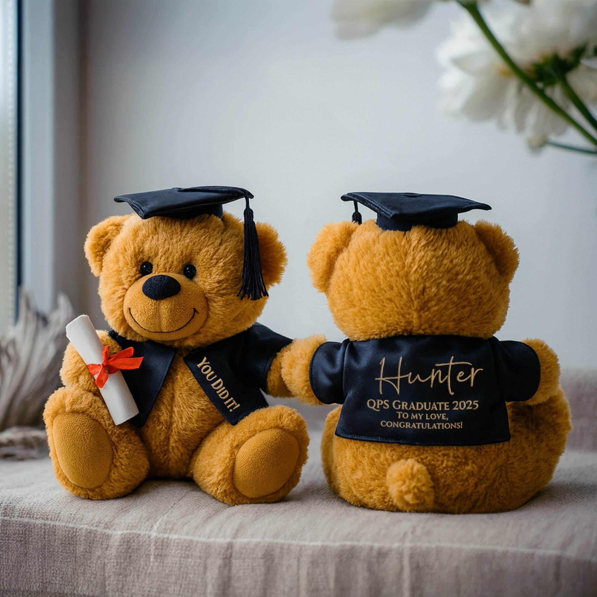 Personalised Embroidery Graduation Teddy, Custom Embroidered Cap &amp; Gown Bear, Kid Preschool/ Year 6/ 12/ University Grad Plush Keepsake Gift