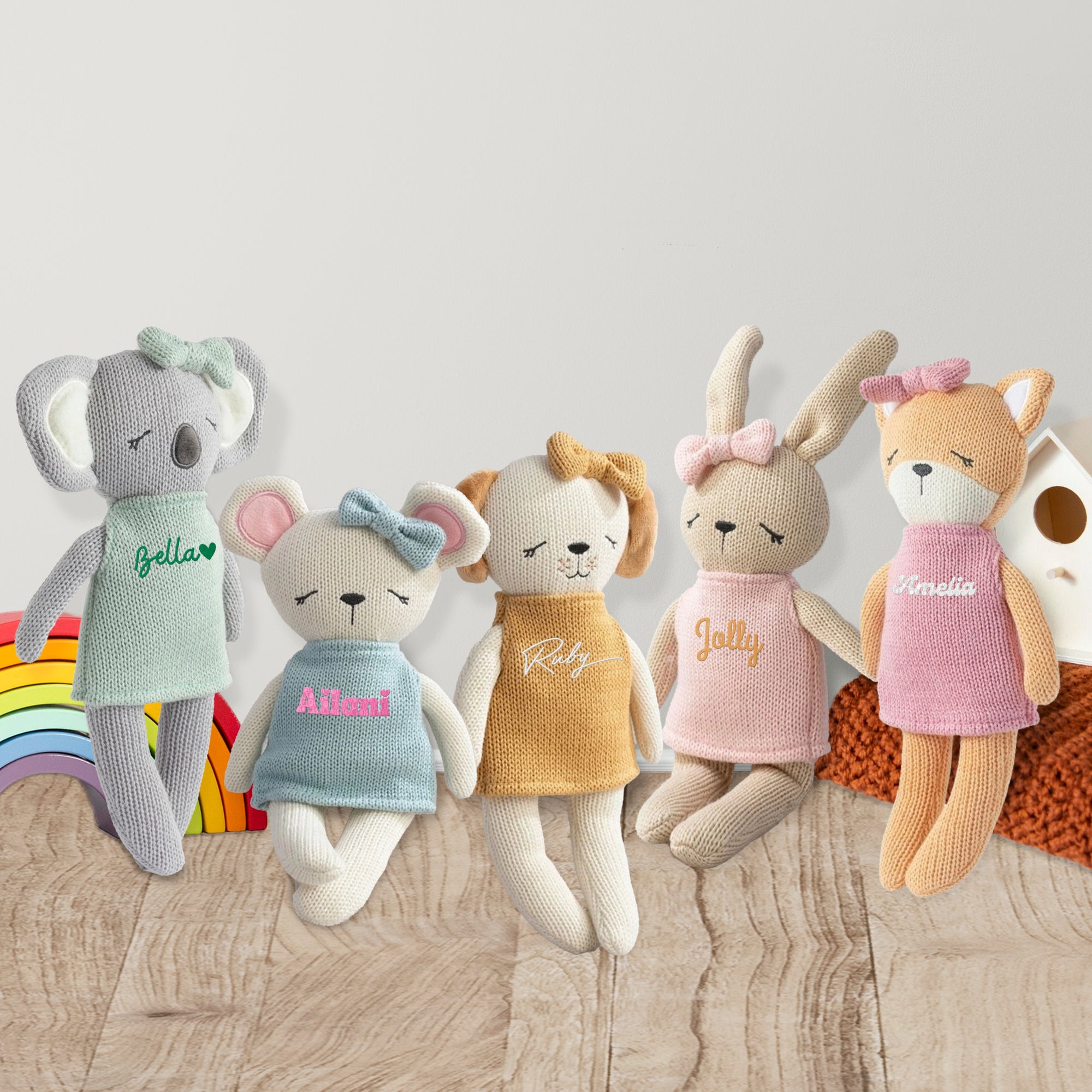 Personalised Embroidery Knitted Animal Plush Toy, Custom Embroidered Name Sleep Soft Baby Snuggle Friend, Toddler First Birthday Shower Gift