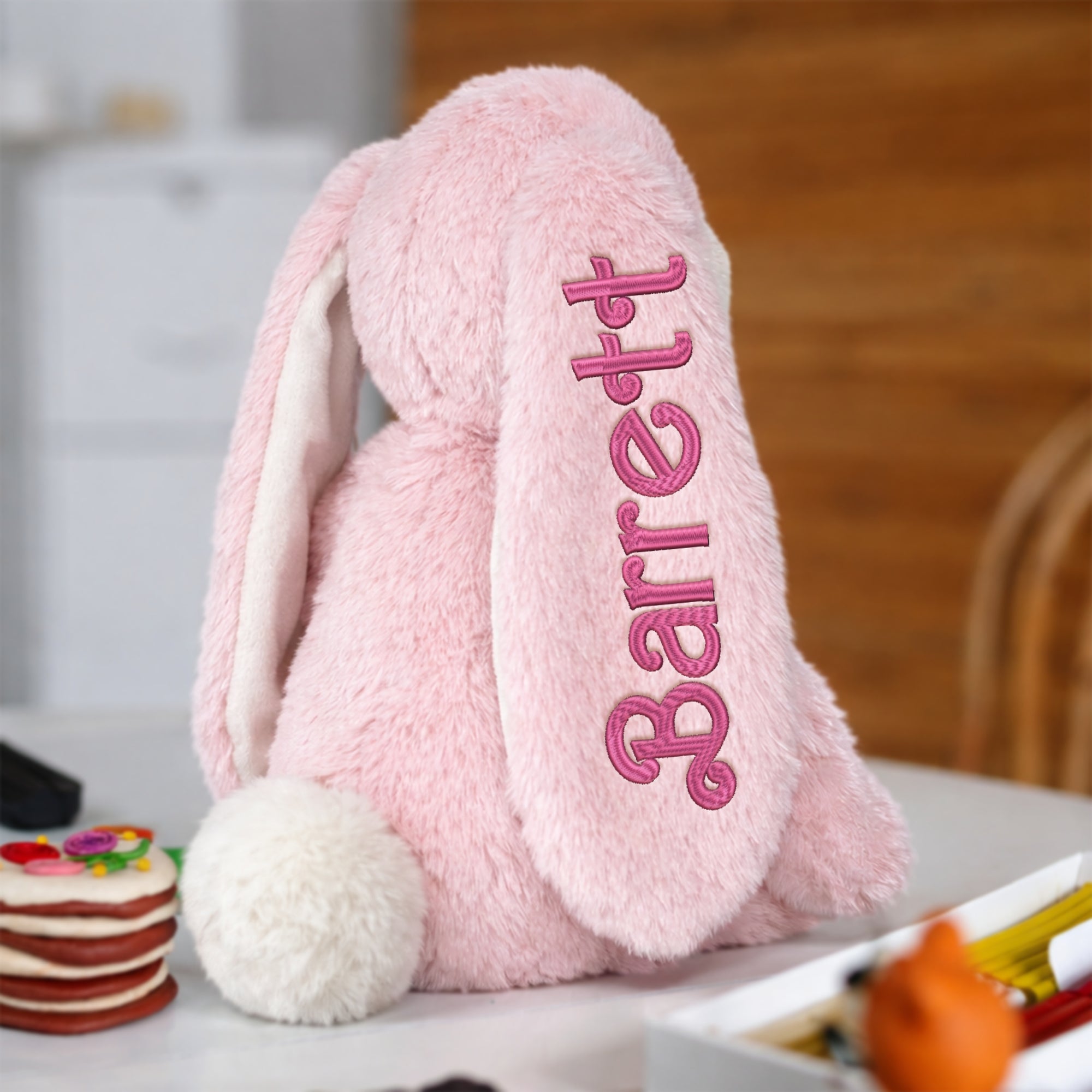 Personalised Embroidery Plush Floppy Bunny, Custom Name Date Sleep Snuggles Cuddly Rabbit Soft Toy, Toddler Christening Birthday Shower Gift