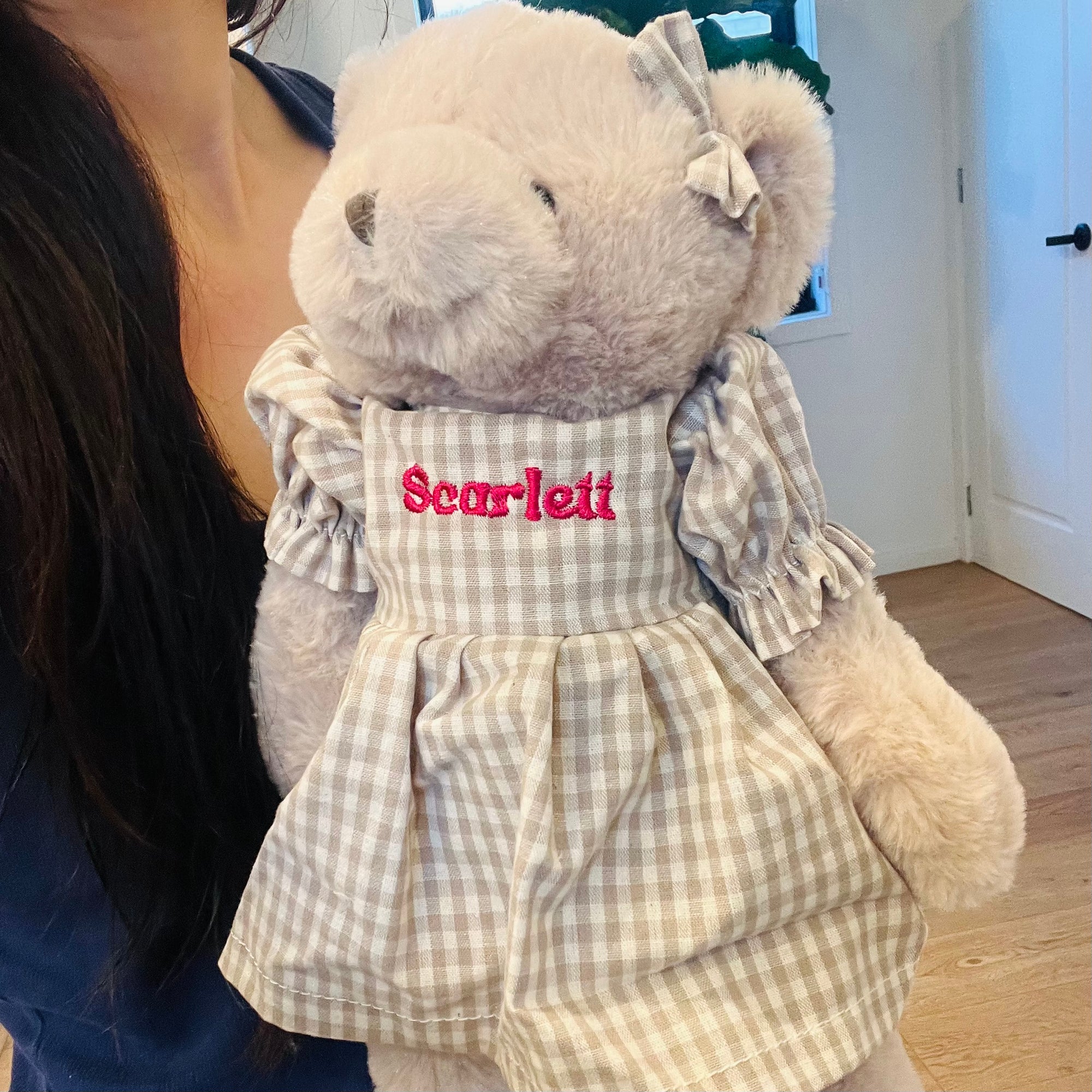 Personalised Embroidery Teddy Bear in Dress, Custom Embroidered Snuggle Plush Toy, Baby Shower Birthday, Mum Daughter Sisters Keepsake Gift