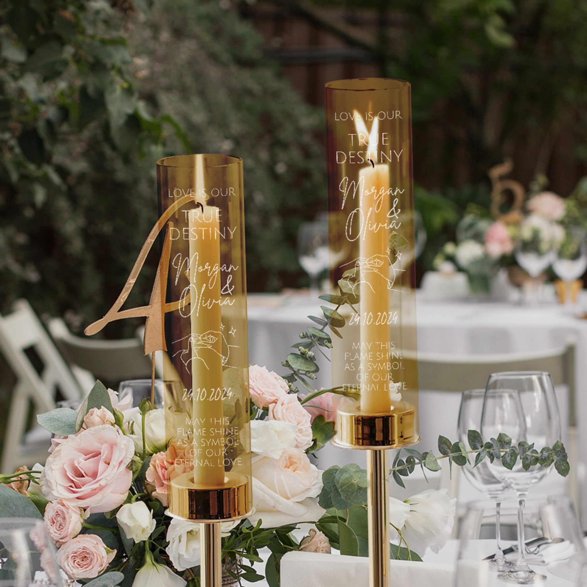 Personalised Engraved Gold Glass Candle Holders Set, Custom Wedding Ceremony Engagement, Party Decor, Christening Baptism Anniversary Gift