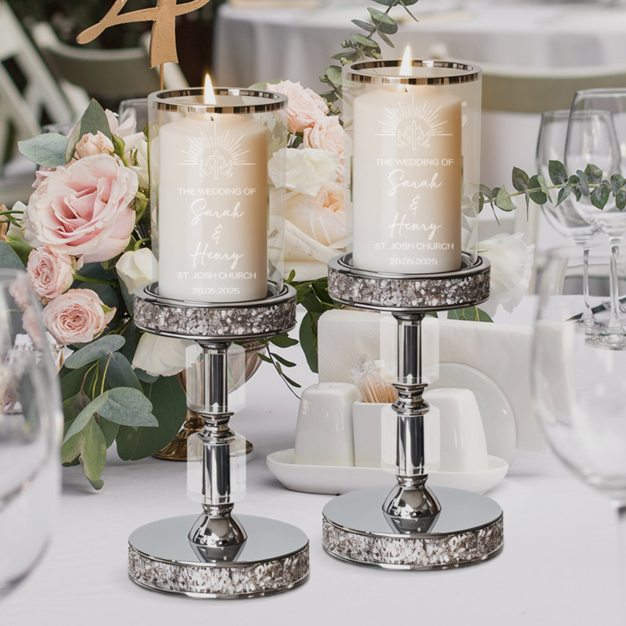 Personalised Engraved Metallic Silver Glass Unity Candles &amp; Holders Set, Custom Wedding Ceremony Engagement Union, Baptism Anniversary Gift