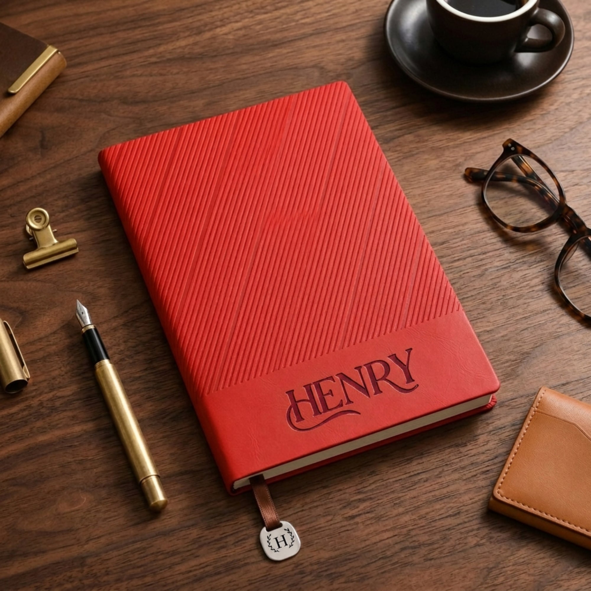 Personalised Engraved Striped Leatherette A5 Notebook &amp; Metal Bookmark Charm, Custom Engraved Logo Business Journal, Graduation, Corporate Gift