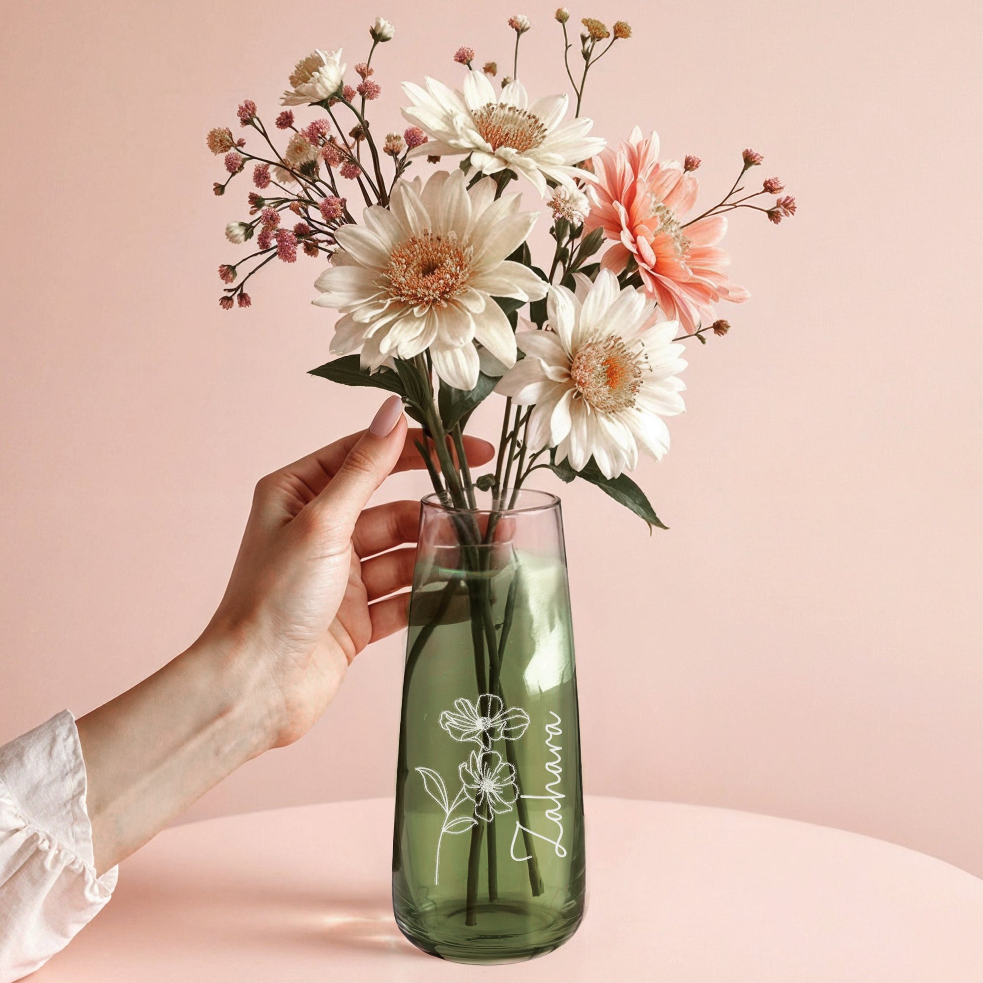 Personalised Etched Small Birth Flower Glass Vase, Home Wedding Decor, Bridesmaid Favor, Christening Housewarming, Anniversary Birthday Gift