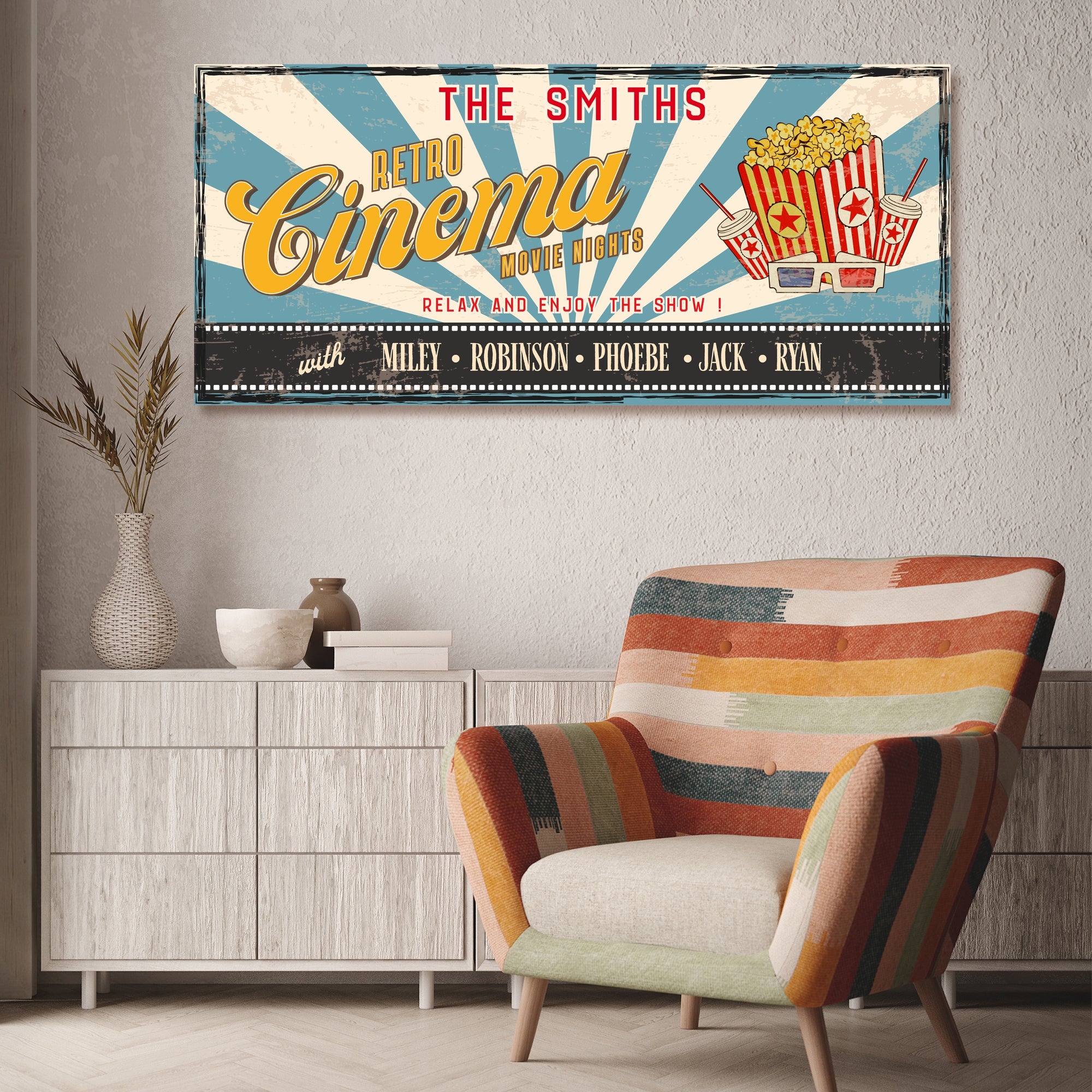 Personalised Family Home Cinema Retro Sign, Custom Print Wood Frame Vintage Wall Decor Popcorn Movie Night Theatre Signage Housewarming Gift