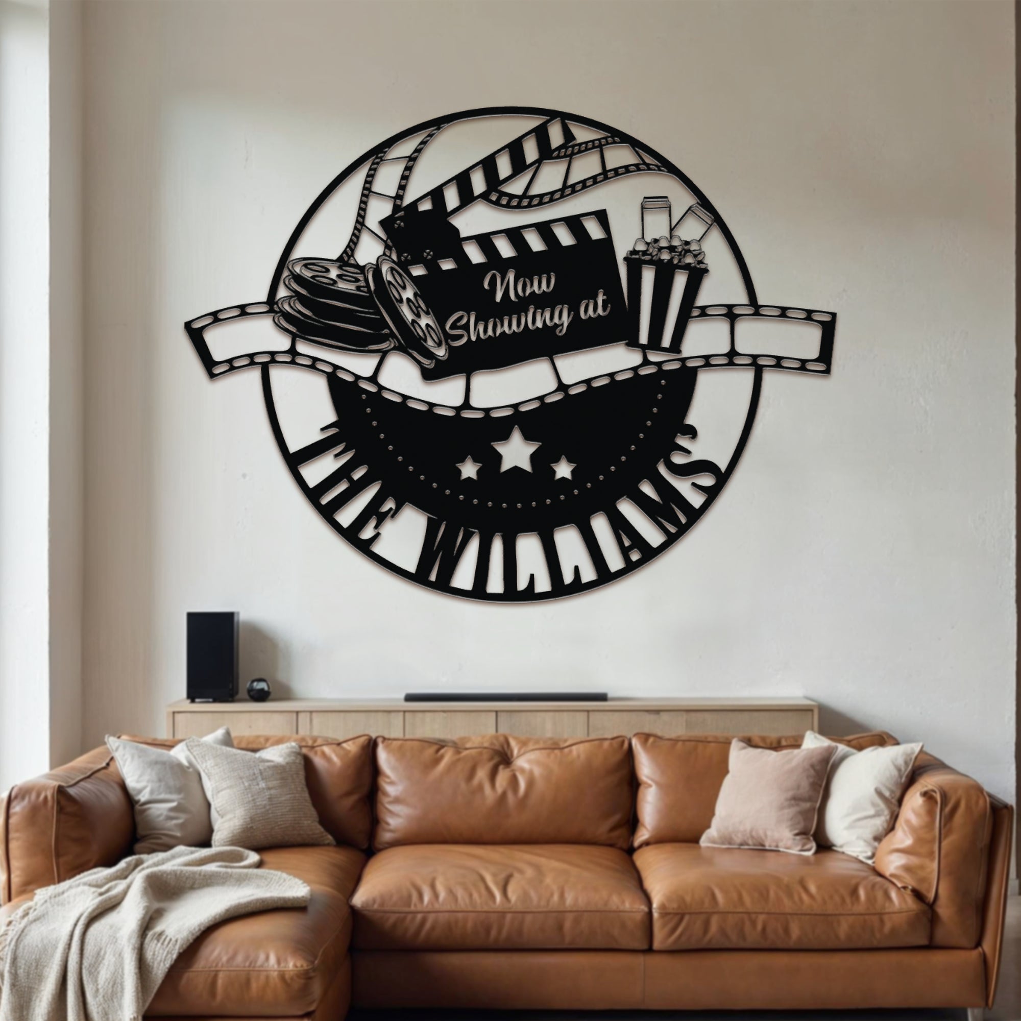 Personalised Family Movie Theme Hoop Sign, Custom Wood Acrylic Cinefilm Plaque Wall Art, Home Cinema Theatre Signage Decor Housewarming Gift