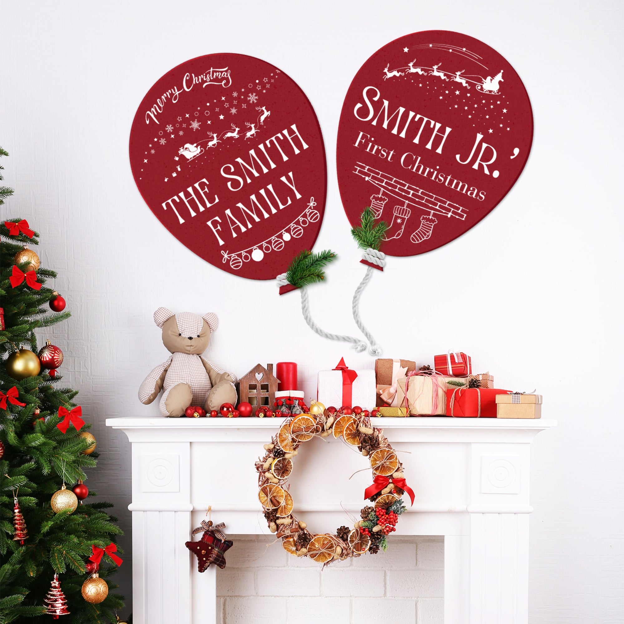 Personalised Family Name Christmas Acrylic Sign | Custom UV Printed Balloon, Holiday Gift, Party Celebration, First Xmas Signage Wall Decor