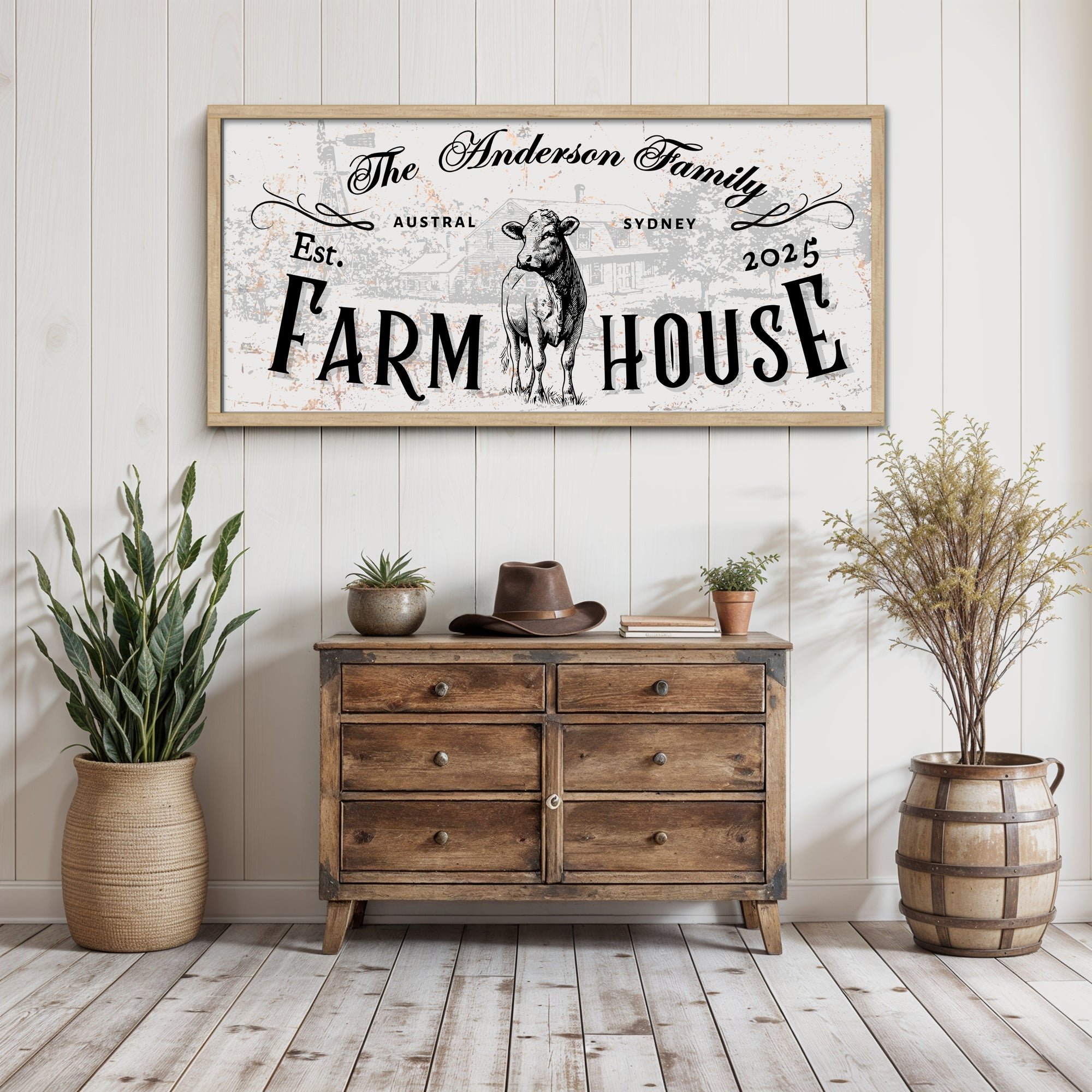 Personalised Family Name Farmhouse Rustic Sign | Custom UV Print Wooden Frame Wall Decor, Cattle Ranch Homestead Signage, Housewarming Gift