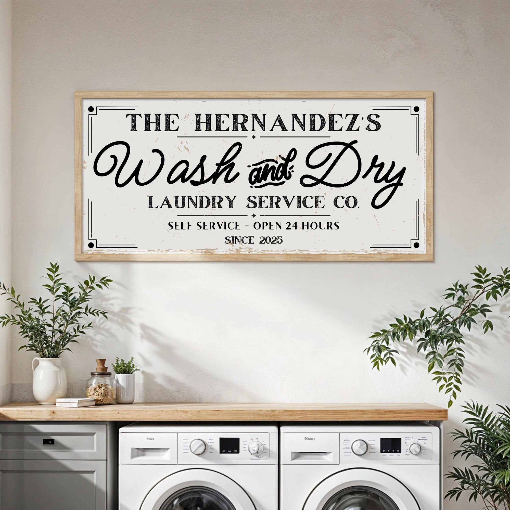 Personalised Family Name Farmhouse Rustic Sign | Custom UV Print Wash &amp; Dry Wooden Frame Wall Decor, Laundry Room Signage, Housewarming Gift